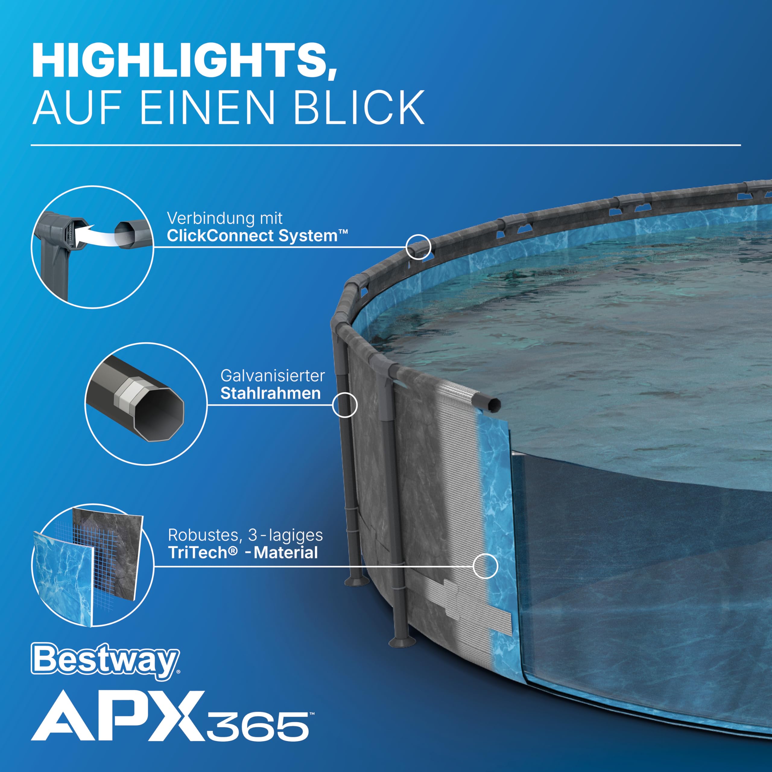 Bestway APX365 Winterfestes Frame Pool Set, Ø 549 x 132 cm, 26.000 L, Sandfilteranlage, Marmor-Optik, Ganzjahresschutz, Kein Abbau nötig, Werkzeugloser Aufbau, Sicherheitsleiter, Abdeckplane