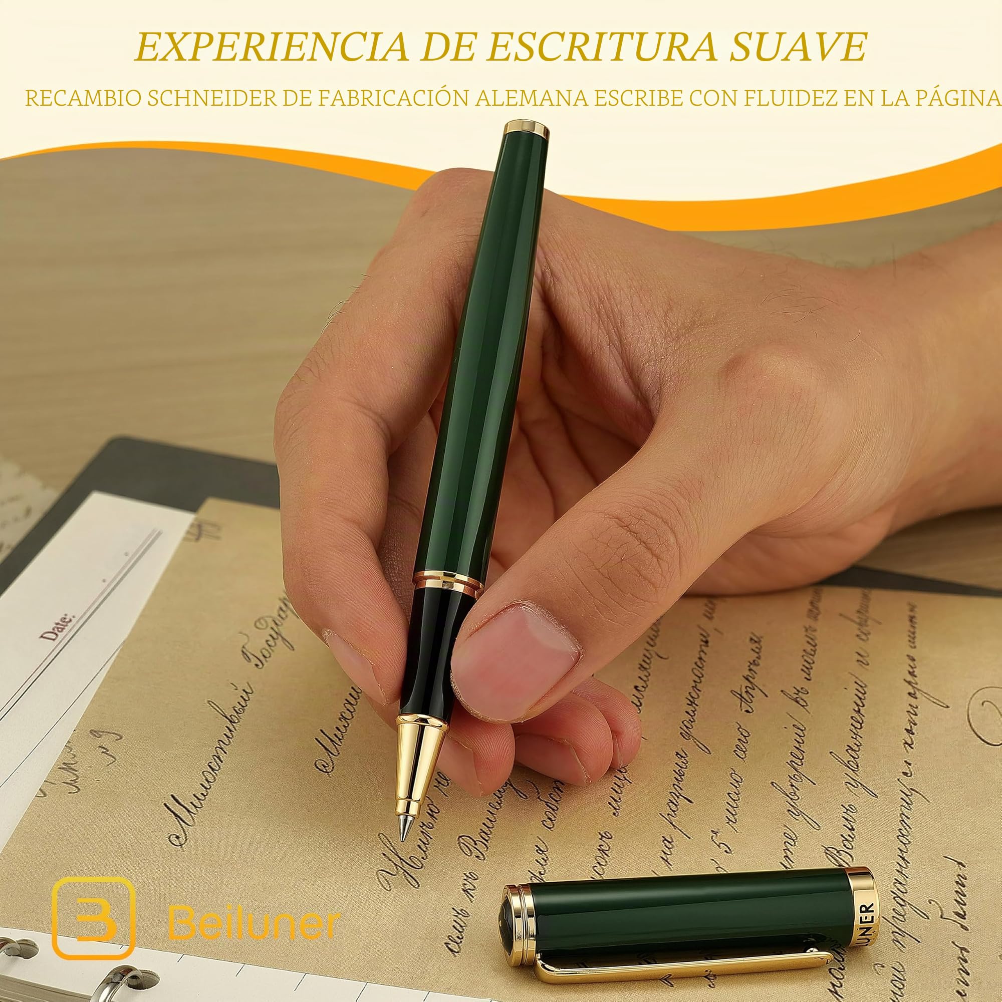 BEILUNER Bolígrafo Roller de Lujo, Detalles Dorados 24K, Diseños Nobles y Elegantes, Recambio Schneider, Mejor Set de Regalo para Hombre y Mujer, Profesional, Oficina Ejecutiva - Verde y Oro
