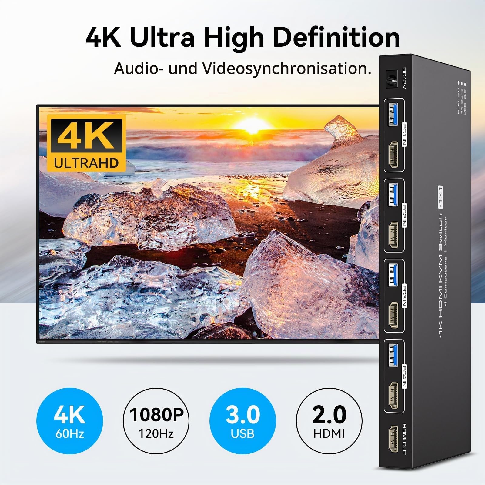 KVM Switch 4 PC 1 Monitor HDMI 4K60Hz Edid Emulation KVM Switch 4 Port USB HDMI Umschalter für 4 PC Die Sich 1 Monitor Und 4 USB3.0-Geräte Teilen IR-Fernbedienung Und 12V Netzteil Enthalten