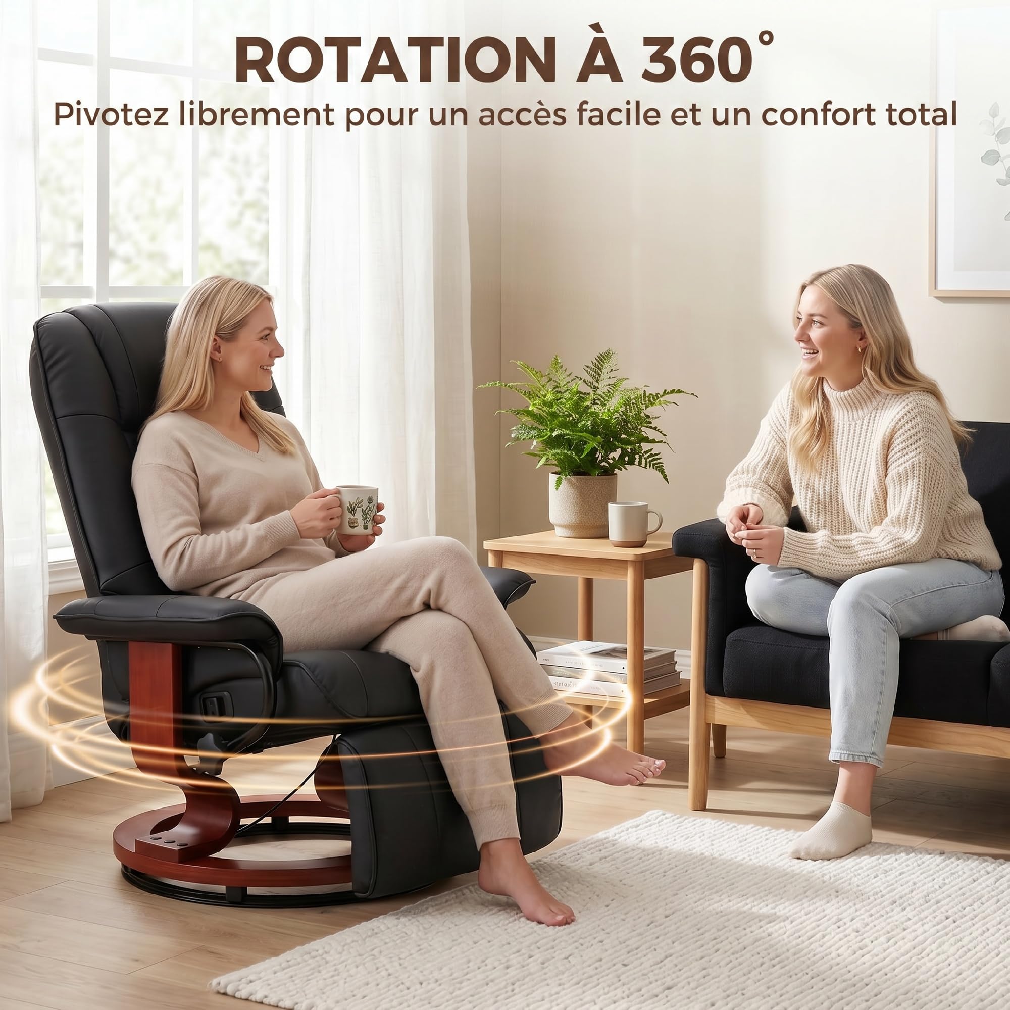 HOMCOM Fauteuil Relax Inclinable, Fauteuil de Salon, Repose-Pieds Réglable, Pivotant 360°, Piètement Bois, Revêtement Synthétique, Noir