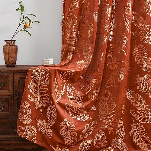 Miniatura 7 de Cortinas de terciopelo naranja de 96 pulgadas de largo, con patrón estampado de plumas doradas, cortinas opacas suaves para sala de estar,