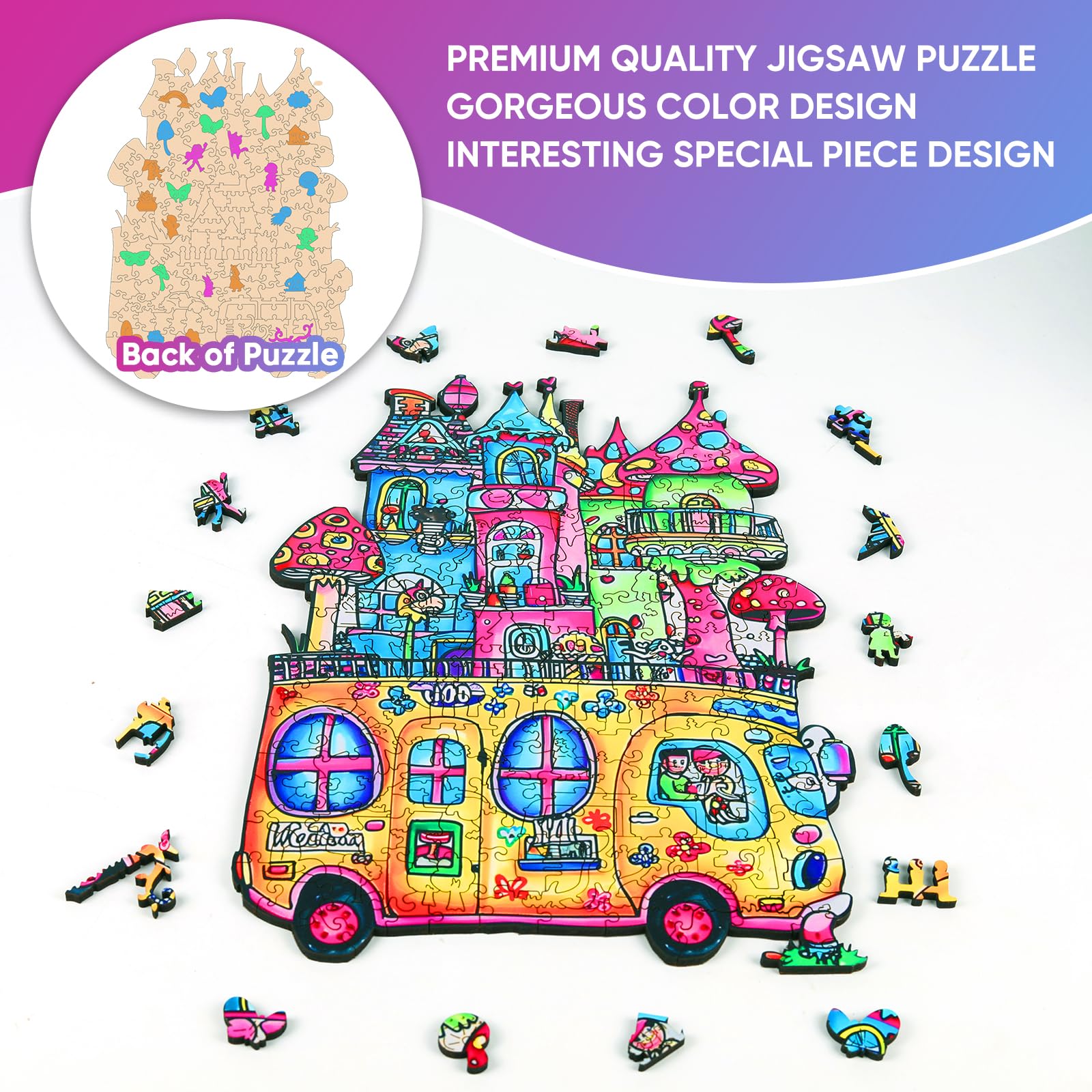 delobil Casse-tête en bois pour adultes, puzzle de voiture de 500 pièces, forme unique de bus scolaire pour adultes et enfants, casse-tête amusant pour la maison, cadeau de famille, 58,1 x 33,2 cm