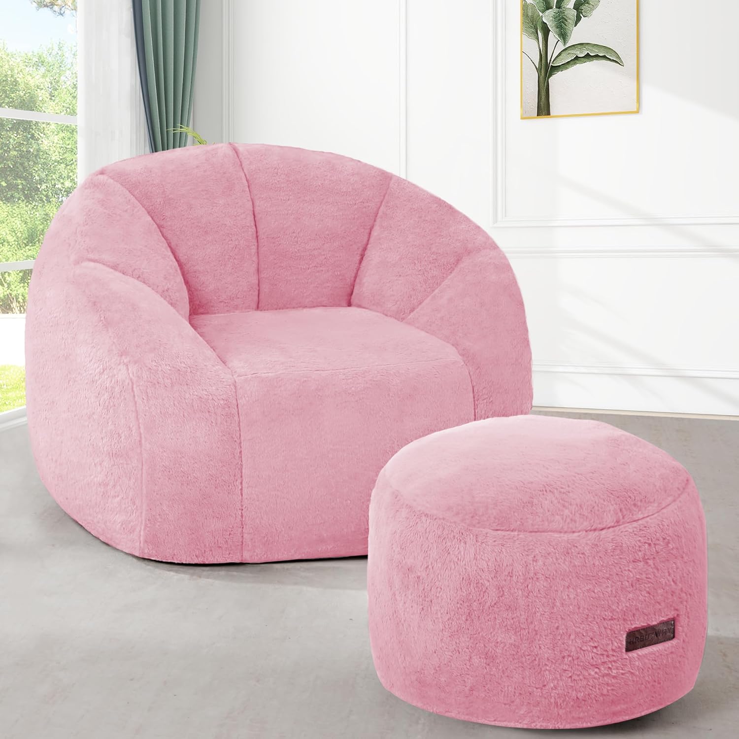 HABUTWAY Bean Bag Chair, Oversized Shell-Shaped Bean Bag Couch with Ottoman, Giant Beanbag Chair for Adults and Kids, Comfy Bean Bag Sofa & Footstool, Large Floor Sofa for Living Room Bedroom, Pink