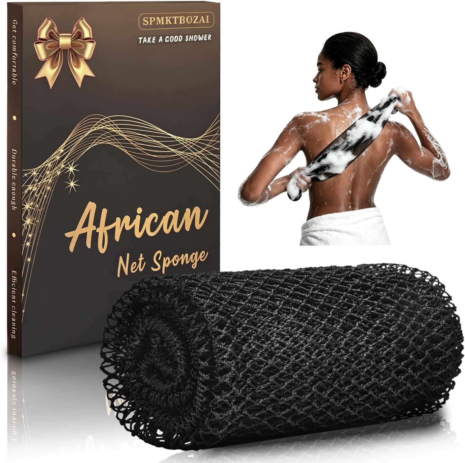 Authentic African Net Sponge with Real African Knots, African Exfoliating Net for Body & Back, Long Stretch African Wash Cloth, Bath Scrubber for Smooth Skin, Black, 1 Pack