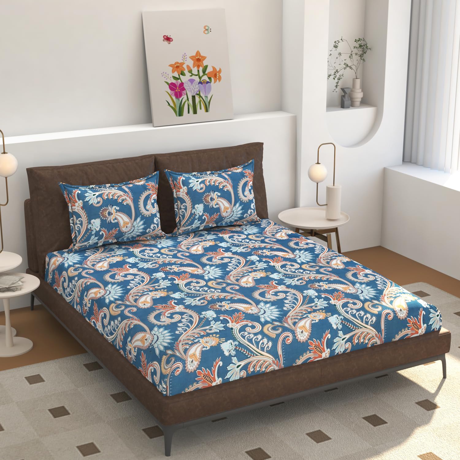 NEW TOWN Cotton Feel Glace Cotton Elastic Fitted Printed King Size Double Bed Bedsheet with 2 Pillow Covers and Fits Upto 8 inches Mattress, Size- 72"x78" Safari 6075-picture-23
