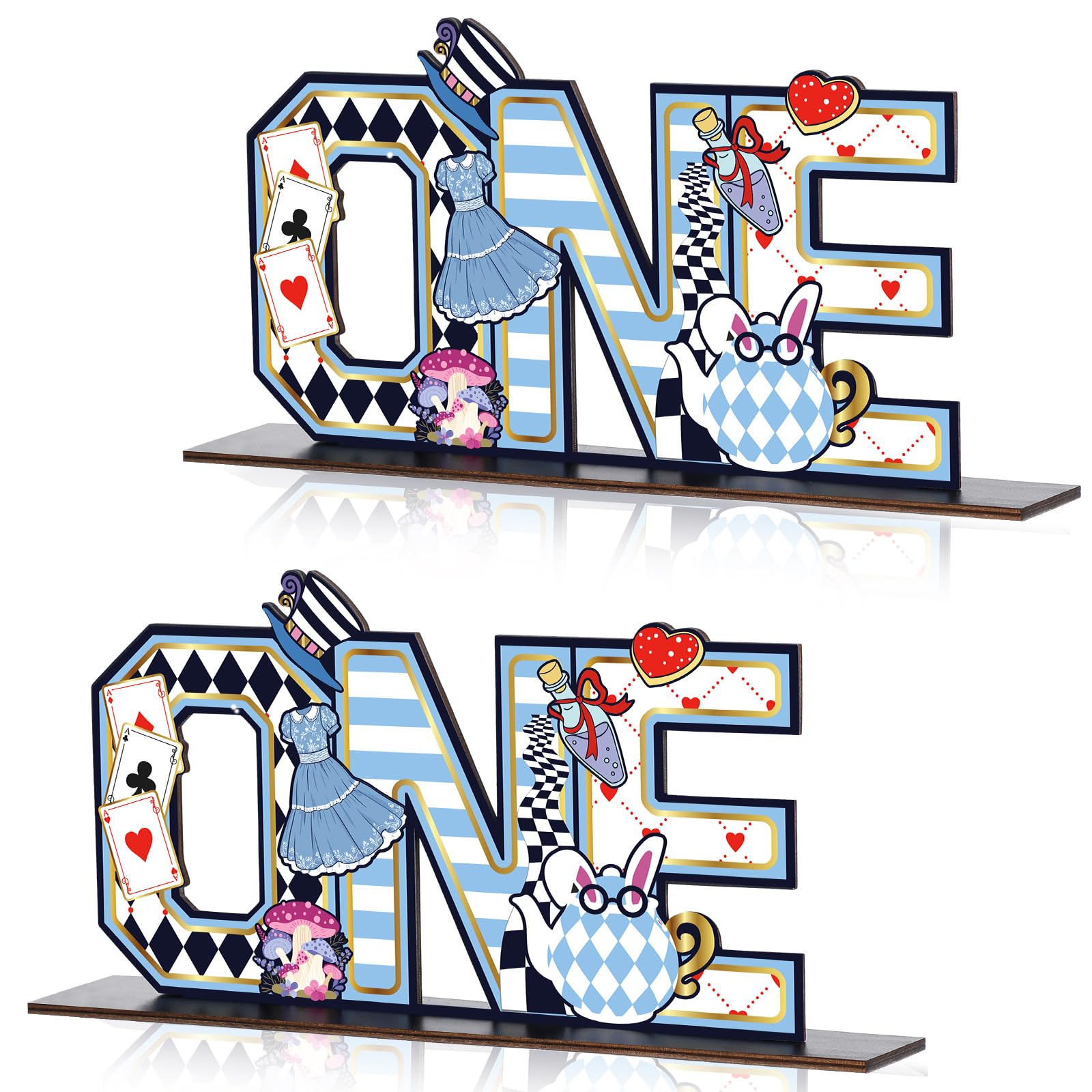 Photo 1 of ***PARTIAL SET - PRICE ADJUSTED*** Wenqik 2 Pcs Wonderland 1st Birthday Party Decorations Wonderland Letter One Sign and Stand Set Wooden Blue First Birthday Decoration for Baby Shower Party Supplies