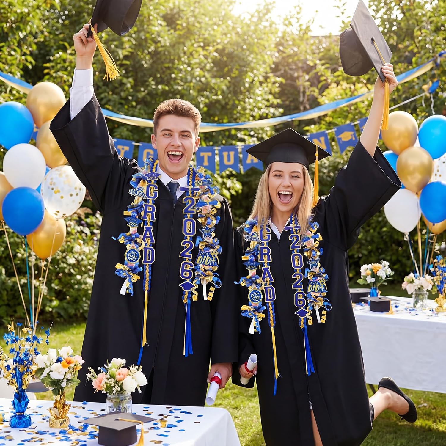 RoundFunny Blue Gold 99 Pcs Graduation Leis 2026 Candy Ribbon Leis Kit Class of 2026 Congrats Candy Necklace DIY Craft Accessories Graduation Gift for Party Supplies High School College