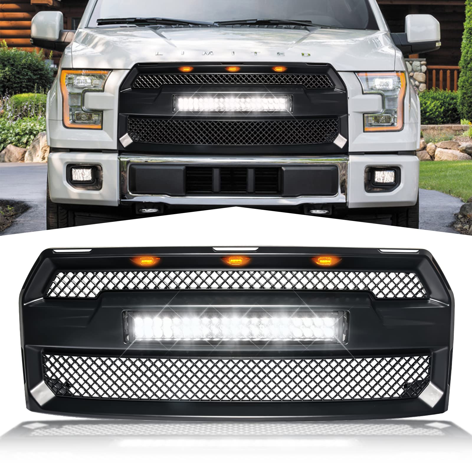 DOOD Grill for (2015-2017) F150 Frill Aftermarket Front Grille Custom Black Grill with 120W LED Light Bar & 3 Amber Lights, Matte Black