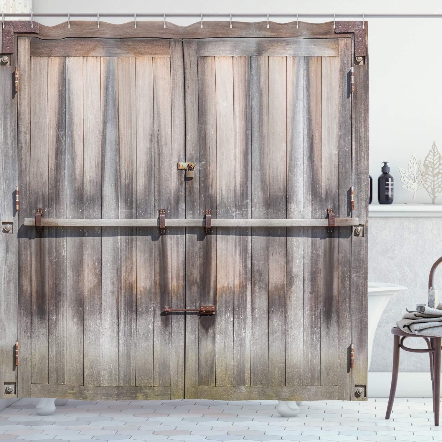 Ambesonne Rustic Shower Curtain, Retro Entrance with Padlock to Abandoned House Wooden Door Rough Oak Agriculture Image, Cloth Fabric Bathroom Decor Set with Hooks, 69" W x 84" L, Brown