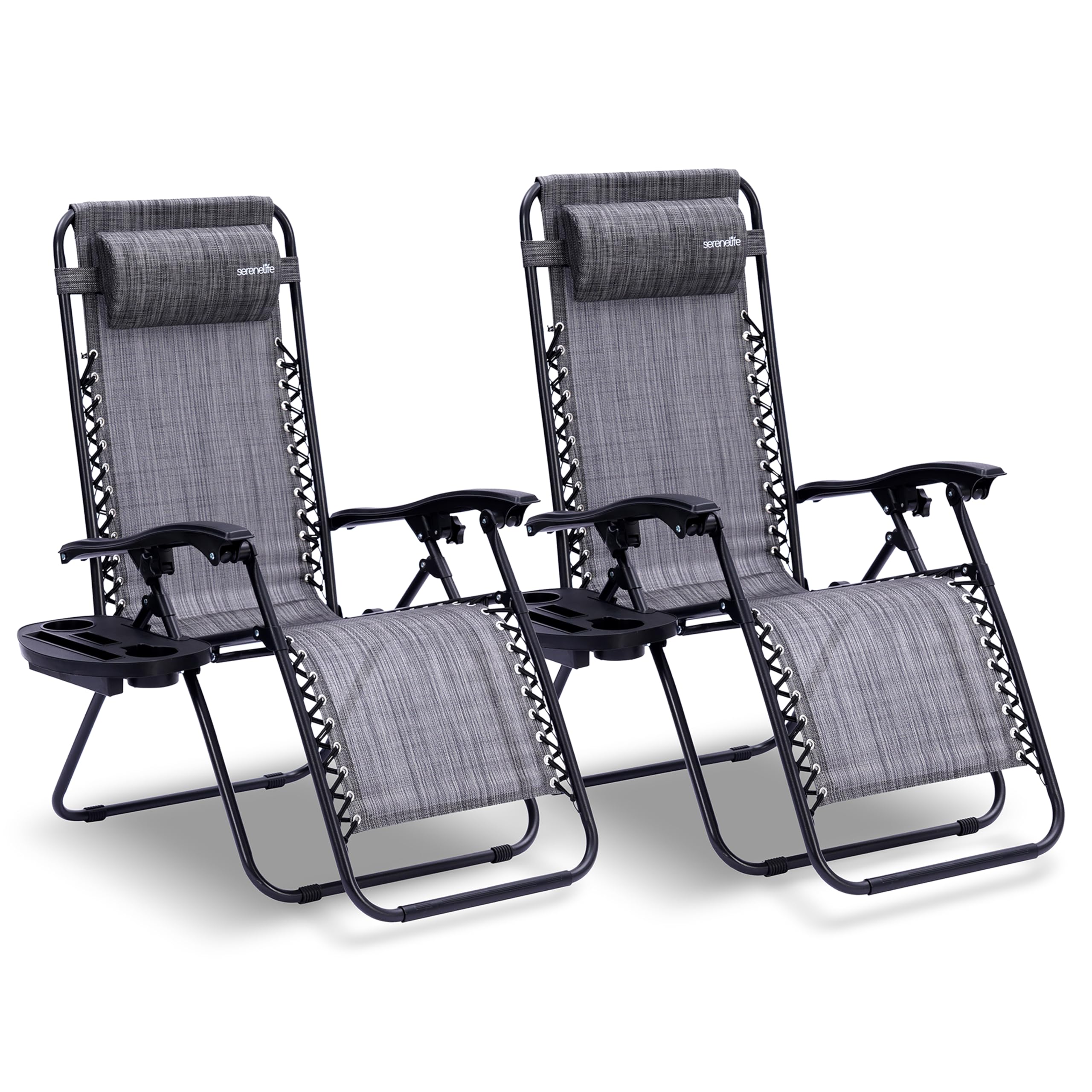 SereneLife Zero Gravity Lounge Chair, Adjustable Steel Mesh Recliners, with Removable Pillows and Cup Holder Trays, Side Tables, Set of 2, Gray — image 1
