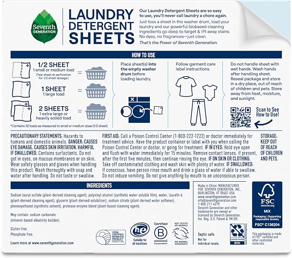 Seventh Generation Laundry Detergent Sheets 32ct Free & Clear Removes Tough Stains Safer for your family