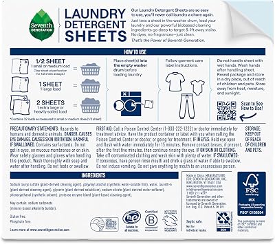 Seventh Generation Laundry Detergent Sheets 32ct Free & Clear Removes Tough Stains Safer for your family