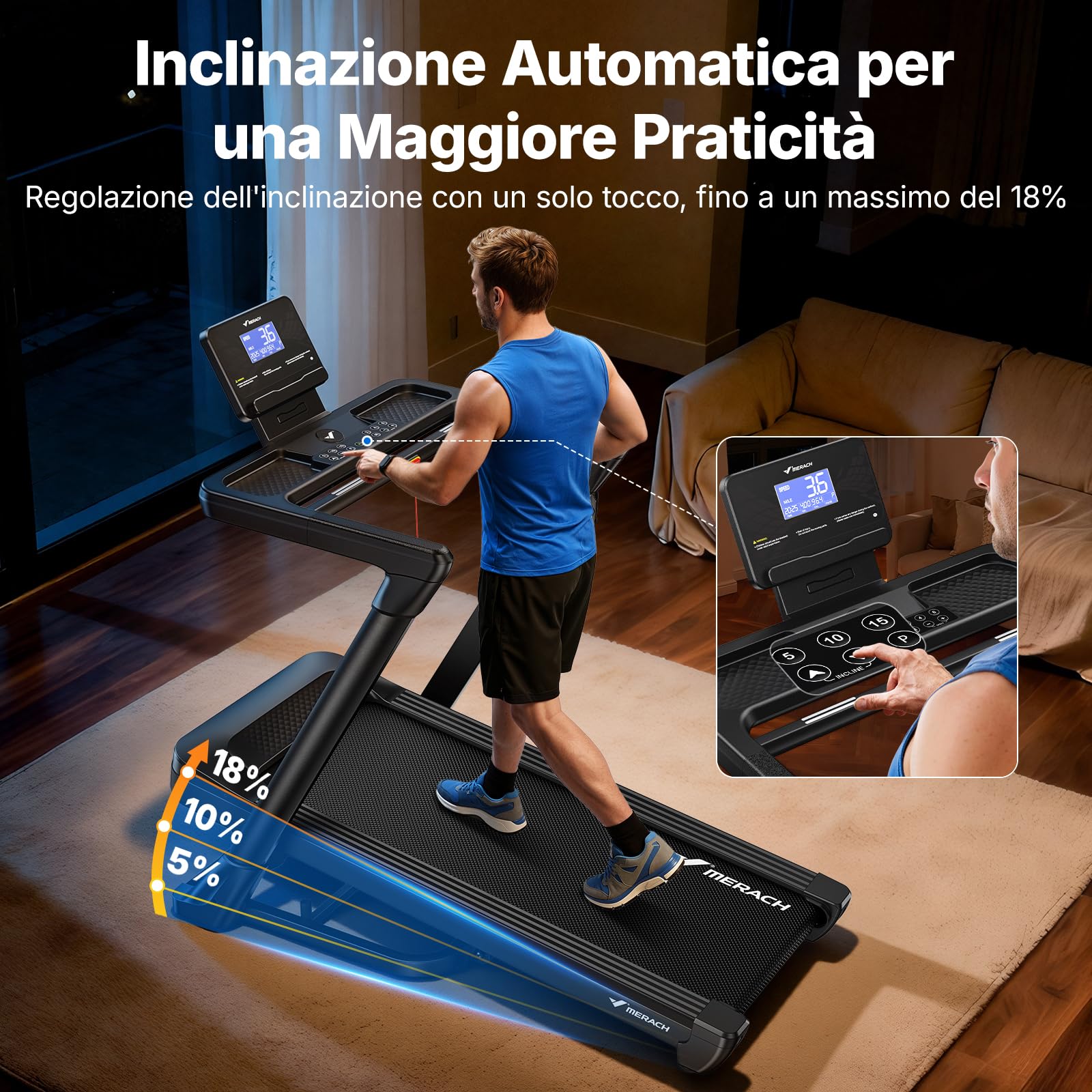 MERACH Tapis roulant per casa con pendenza, 18% di inclinazione automatica, 1-14 km/h, tapis roulant pieghevole, 3,5 HP Walking Pad, Treadmill for Home Max 159 kg, 46 x 120 cm, tapis roulant APP con
