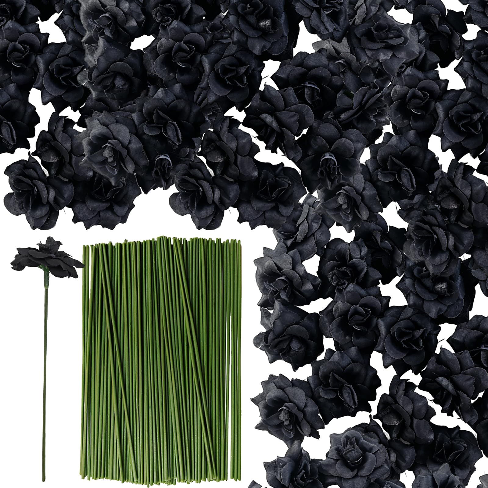 RONYOUNG 55PCS Artificial Mini Roses with Stems, Silk Fake Flower Heads, 1.77 Inch, Black, for Wedding, Halloween, Crafts, Home Decor