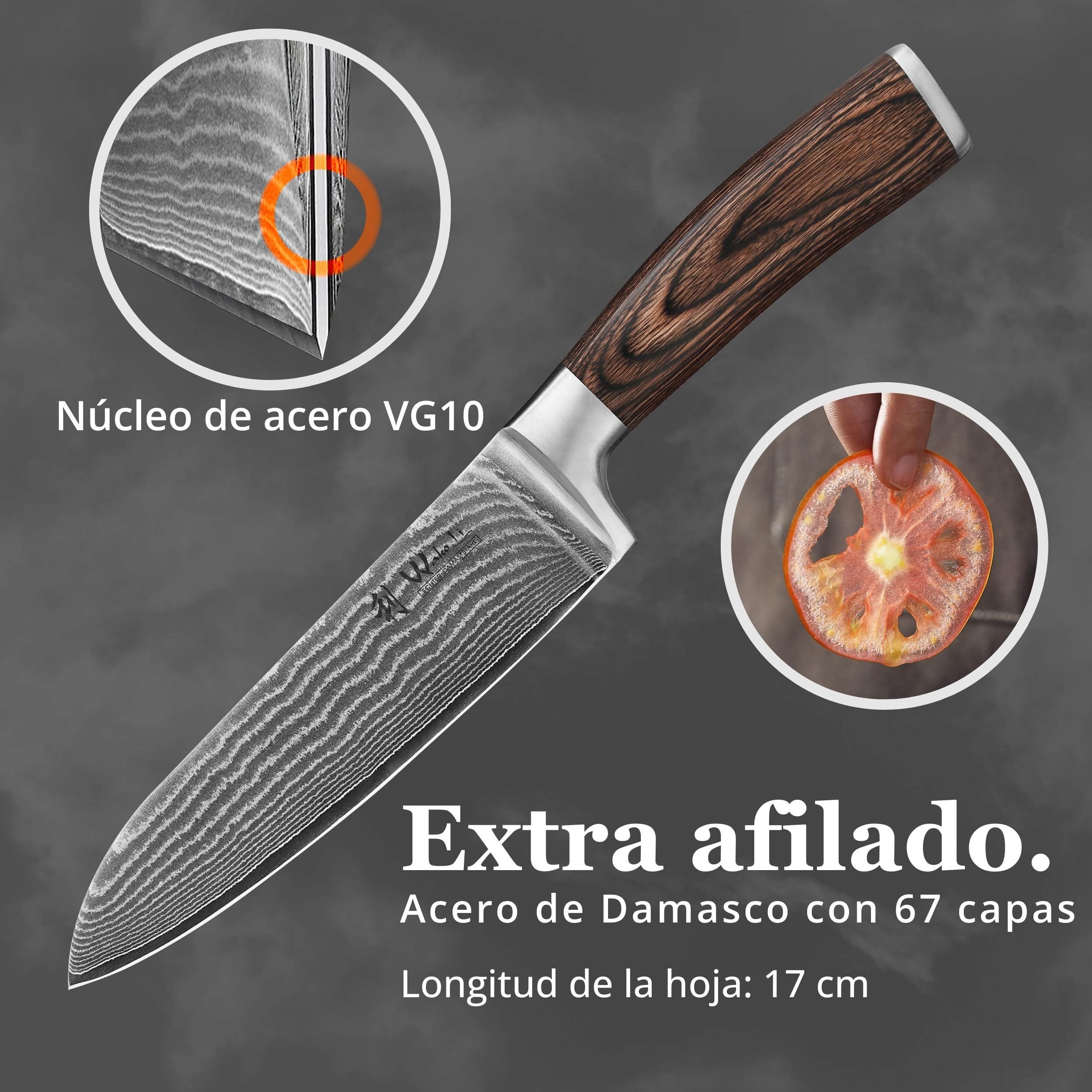 WAKOLI EDIB cuchillo Santoku de 17 cm en acero de damasco de 67 capas con núcleo VG10, mango de madera Pakka, para carne, pescado y verduras, con caja de regalo