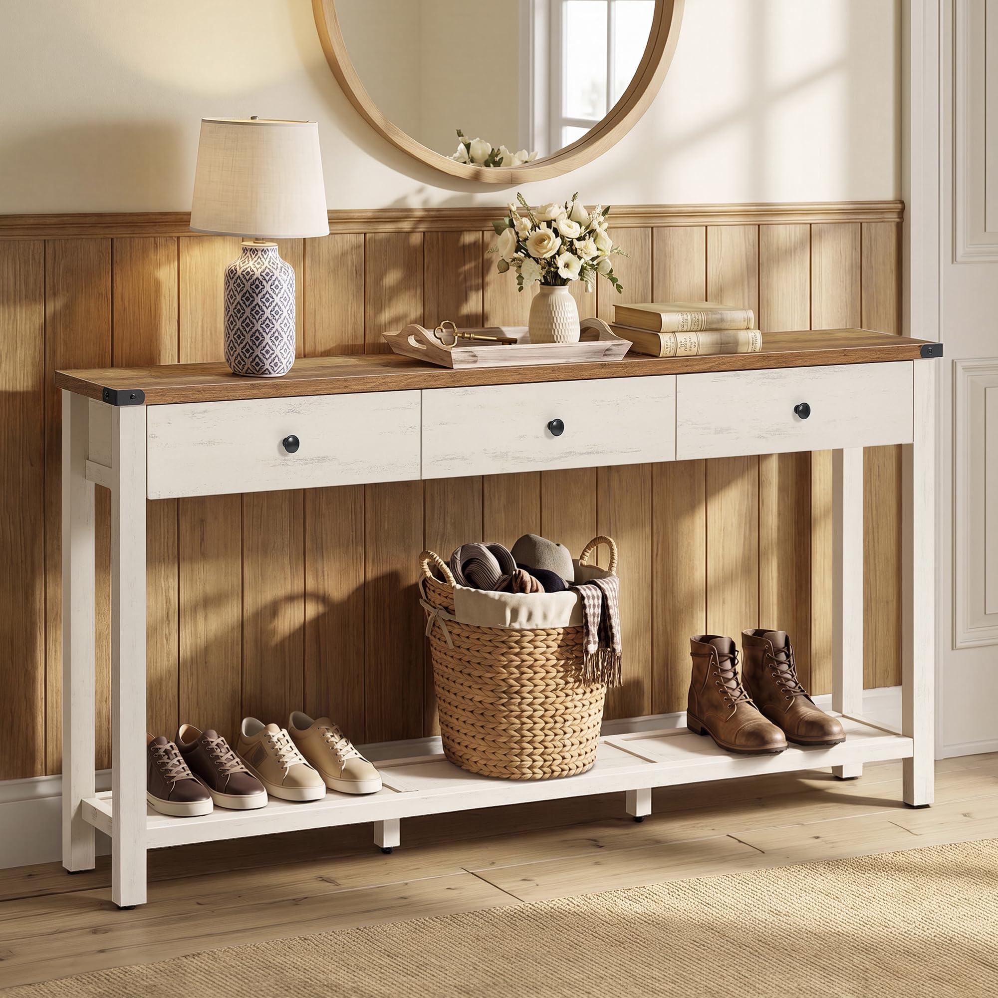 Photo 1 of VASAGLE 63 Inche Narrow Console Table with 3 Drawers and Open Storage Shelf