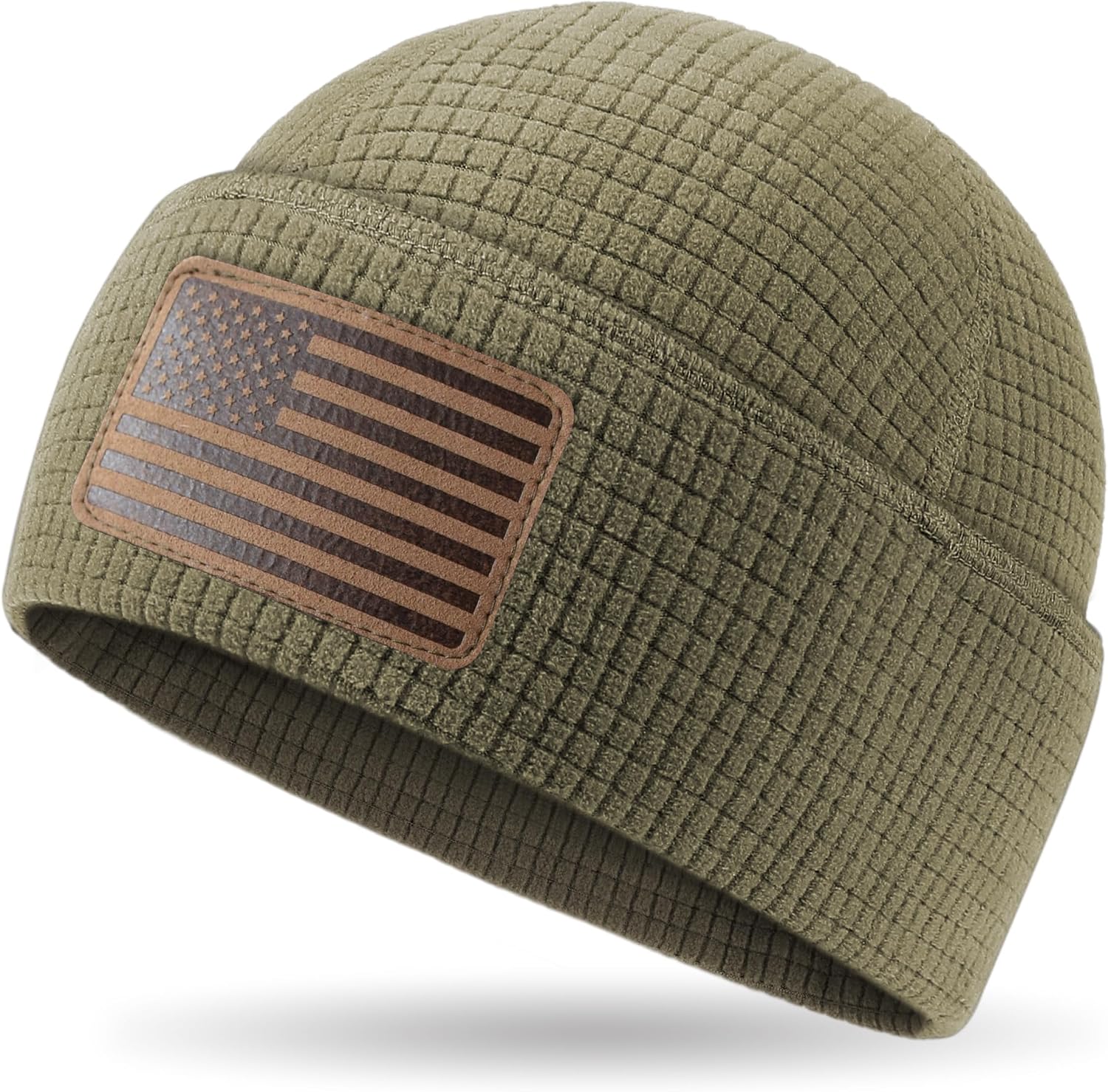 OUTDOOR SHAPING Grid Fleece Cuffed Beanie with American Flag Embroidery Leather, Waffle Tactical Army Police Skull Cap