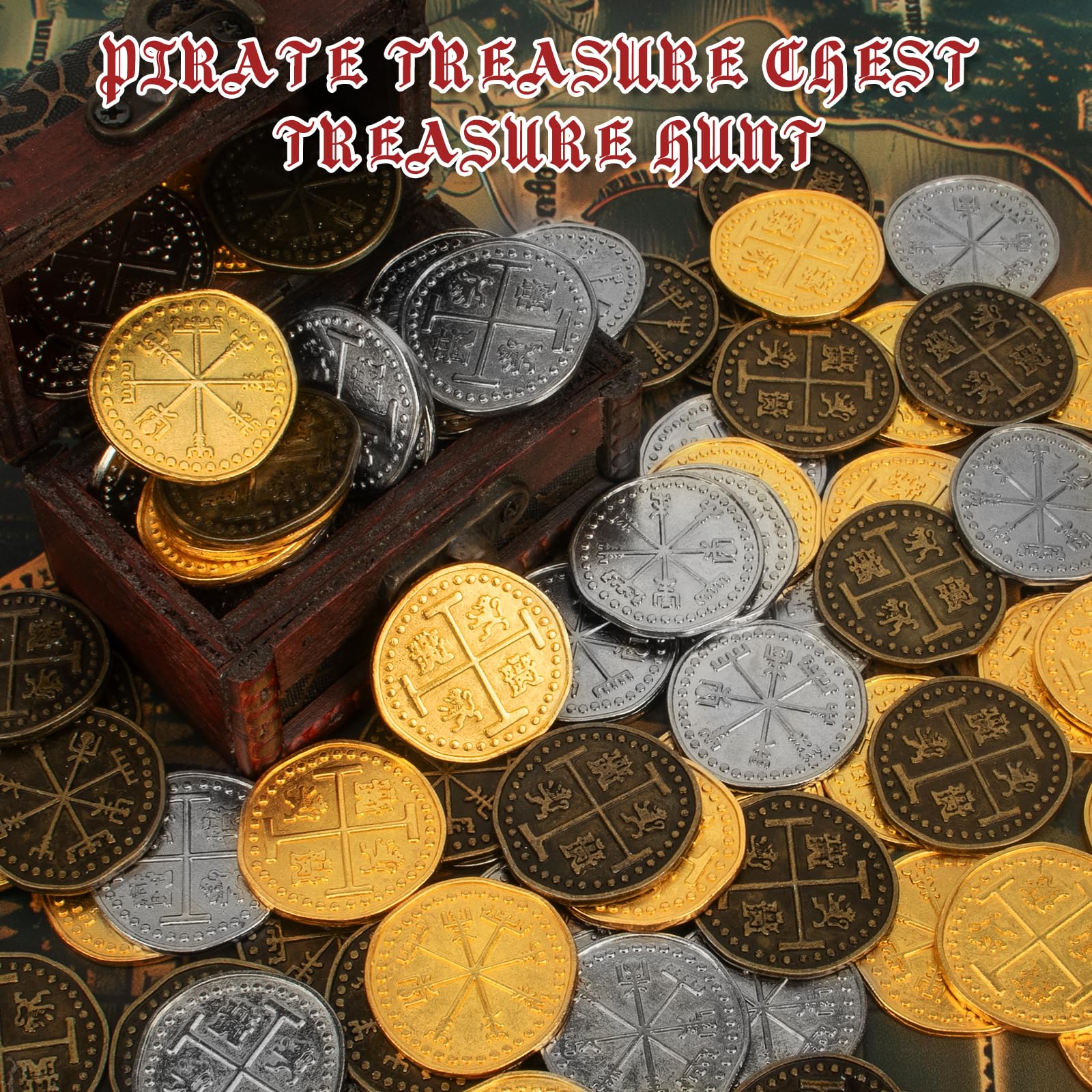 Byhoo Zestaw metalowych monet pirackich, realistyczny skarb, hiszpańska waluta, skrzynia skarbów, poszukiwanie skarbów, cosplay, zabawka, gra planszowa, 36 szt