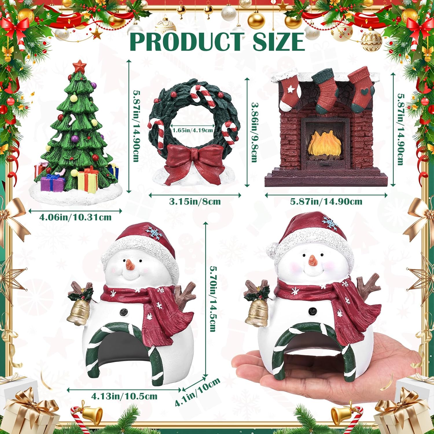 4Pcs Christmas Aquarium Decorations,Resin Snowmen Figurines Aquarium Fireplace Decoration Package,Resin Wreath,Christmas Tree for Holiday Fish Tank Supplies Table Decor