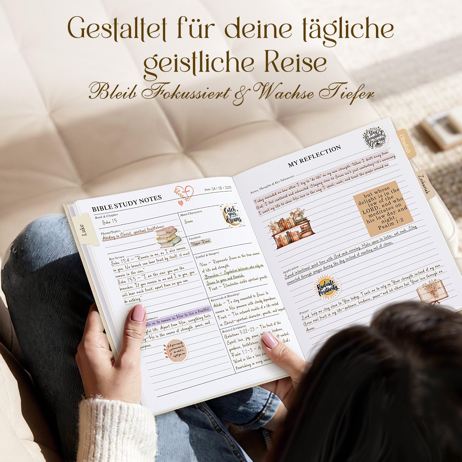 Lanpn Bible Study Journal Geschenke für Frauen, Bibel Studien Gebetstagebuch mit Textmarker & Aufklebern, Biblische Andachtsnotizbuch Christliche Kirchennotizen, Beige, Englisch
