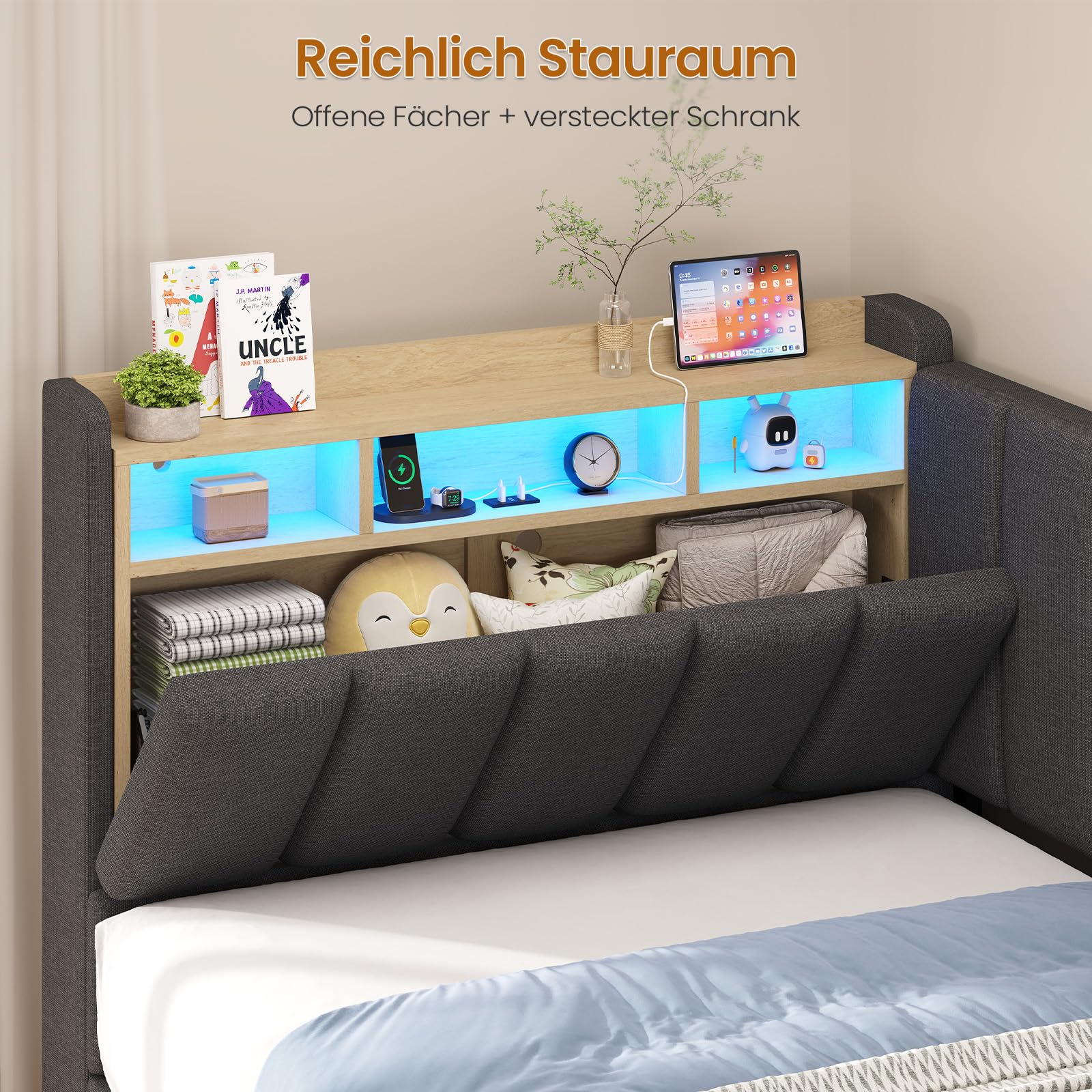 Polsterbett mit LED Beleuchtung, Jugendbett 90 x 200 cm, boxspringbett mit Ladestation, Kopfteil mit verstecktem Stauraum, Bettgestell mit großer Bettkasten, für Schlafzimmer, Gästezimmer, Grau