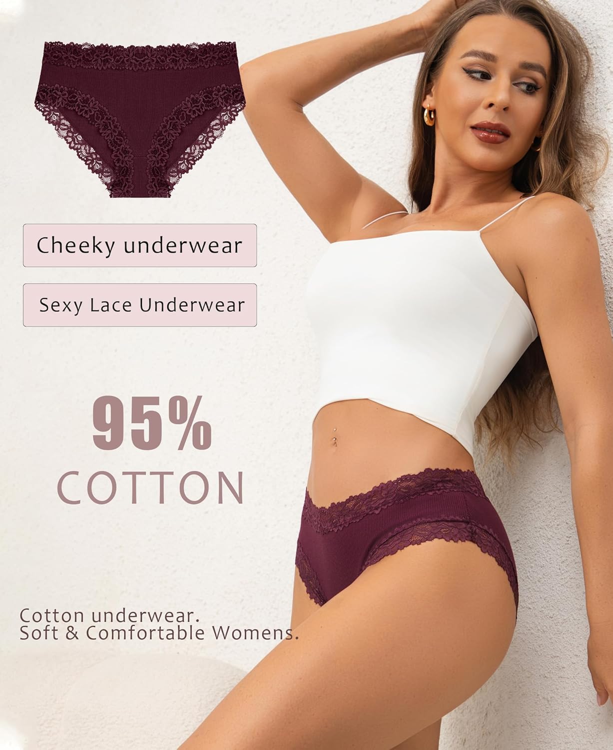 FINETOO Womens Underwear Cotton Bikini Underwear for Women Lace Wasit Hipster Panties Soft Breathable Briefs 6 Pack - Image 2