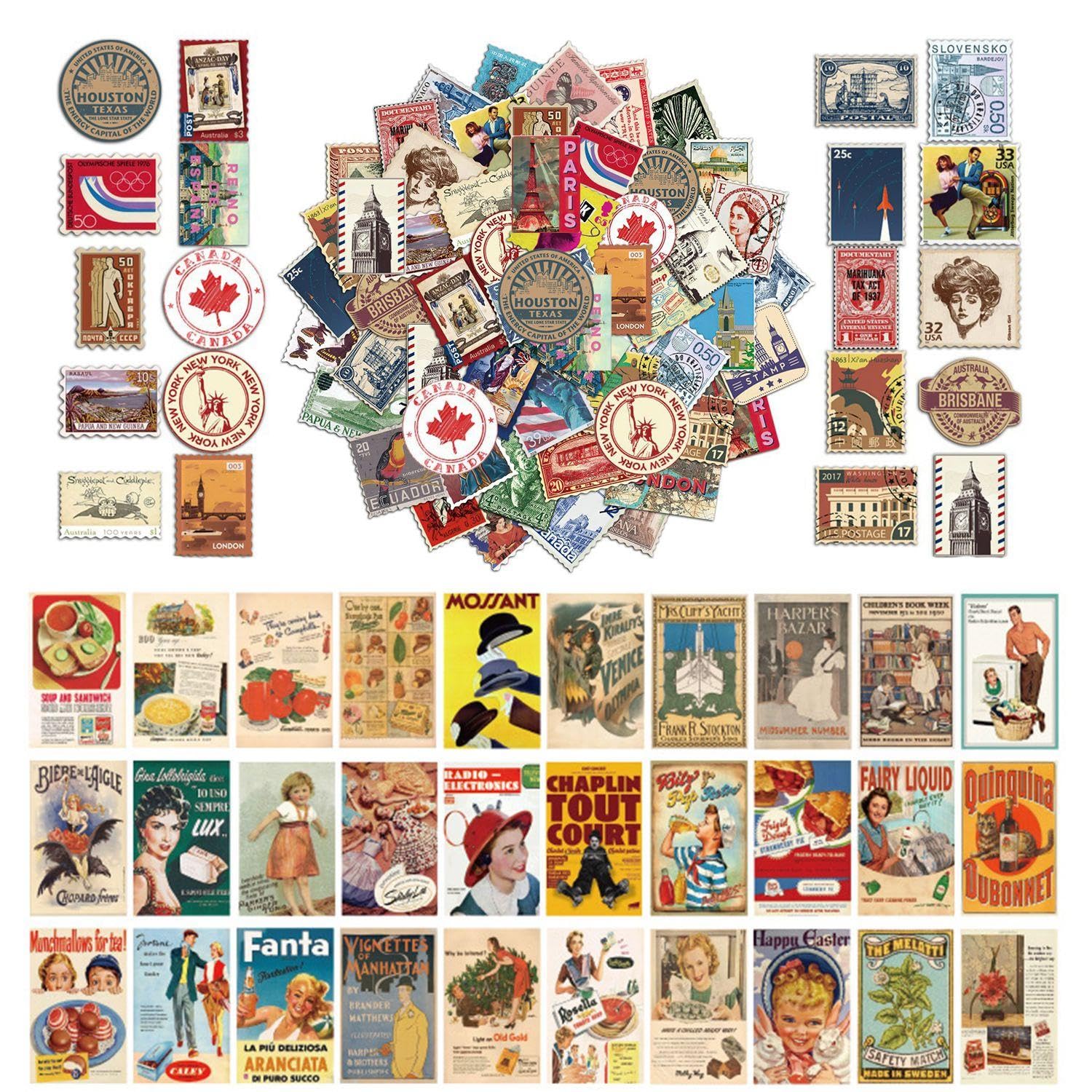 RNSKFG 1 Pack Of Postmark Stickers And 1 Pack Of Material Paper, Retro Stamp Stickers, Creative Stickers, Used For Suitcases, Suitcases, Water Bottles, Etc.
