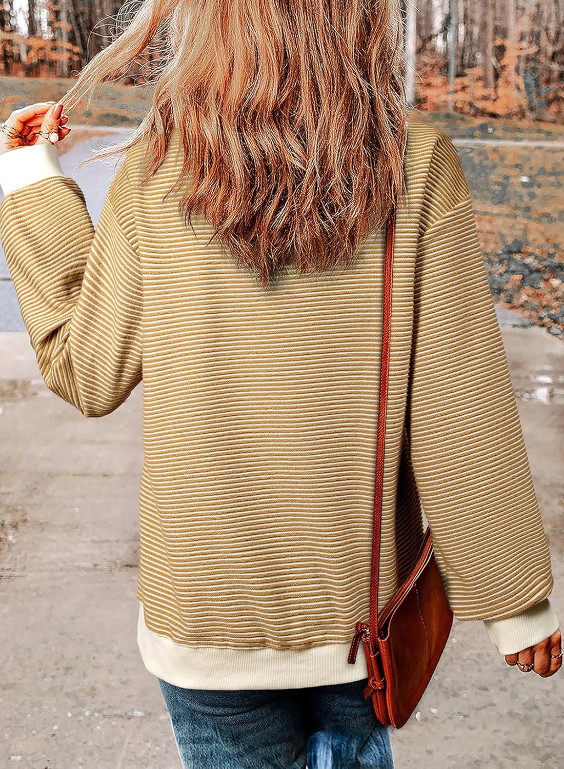 SHEWIN Womens Striped Sweatshirt Crewneck Casual Long Sleeve Pullover Tops Trendy 2025 - Image 2