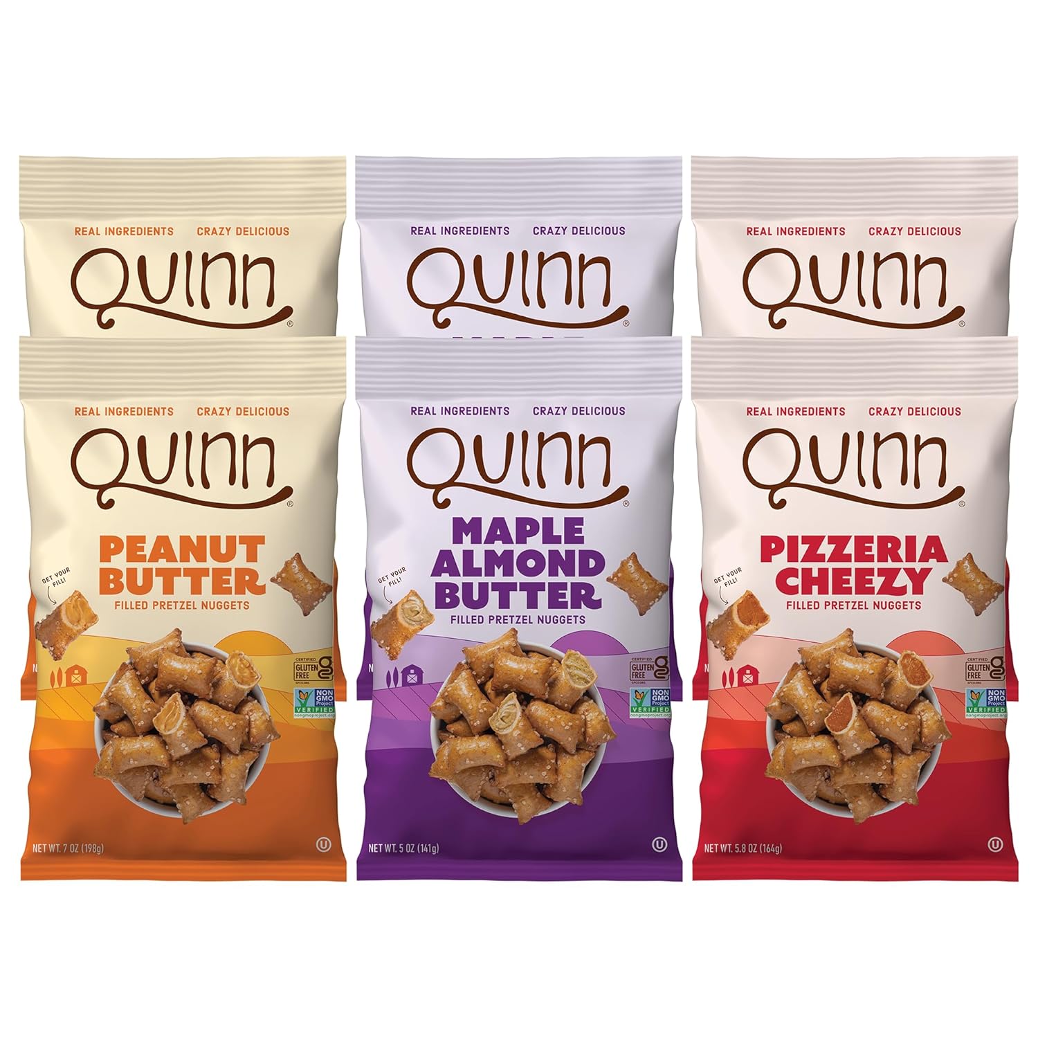 Quinn Snacks Filled Pretzel Nuggets Variety Pack - Real Ingredients, Whole Grain Sorghum, Vegan, Gluten Free, Dairy Free, Non-GMO - Peanut Butter 7oz, Maple Almond 5oz, Pizzeria 5.8oz (Pack of 6)