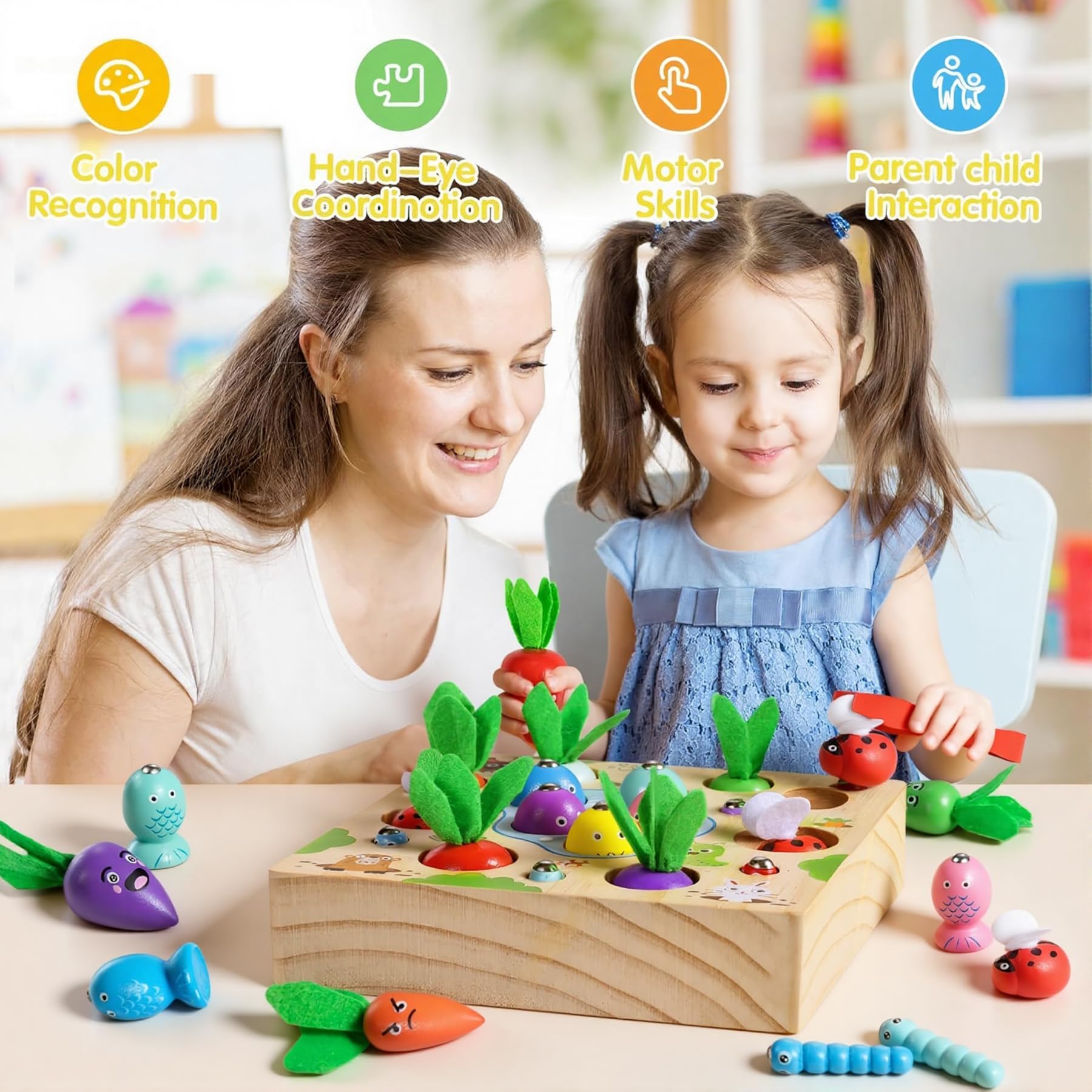 COOLJOY Giochi Montessori 2 3 Anni | 4 in 1 Magnetici di Pesca in Legno Abilità Motorie Giocattoli Educativi | magnetici Gioch| Compleanno Regalo per 2 3 4 Anni Bambini Ragazzi