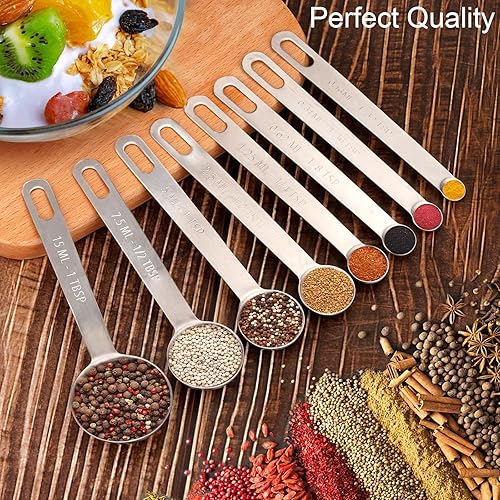 Miniatura 7 de Juego de 9 cucharas medidoras de acero inoxidable, cucharadas pequeñas, cucharaditas, juego de 8 con nivelador adicional para líquidos y secos, cabe