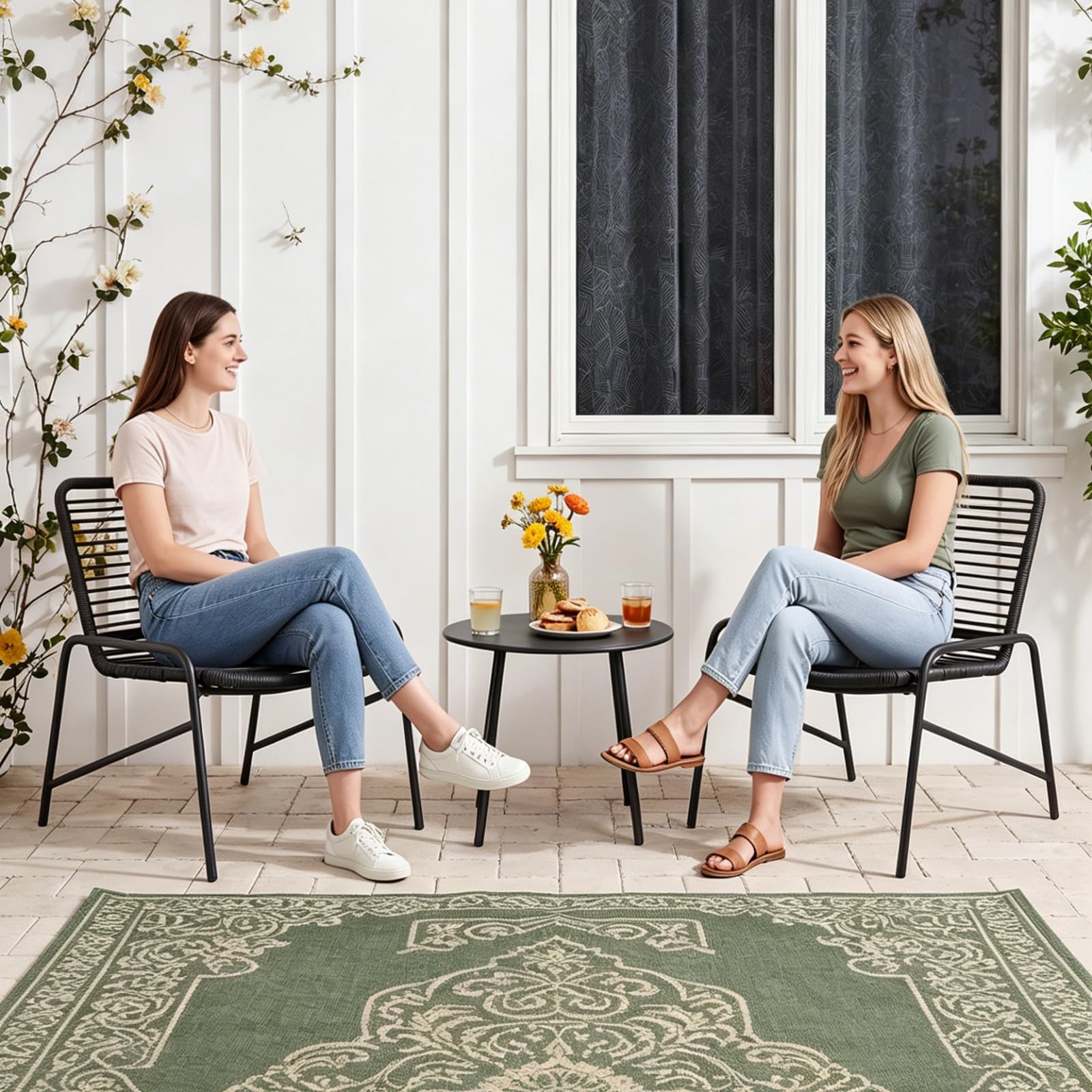 RELAX4LIFE Set di mobili da giardino in rattan, 3 pezzi, con tavolino rotondo e 2 poltrone in vimini, sedie da pranzo in metallo, per patio, veranda, salotto, cortile, piscina