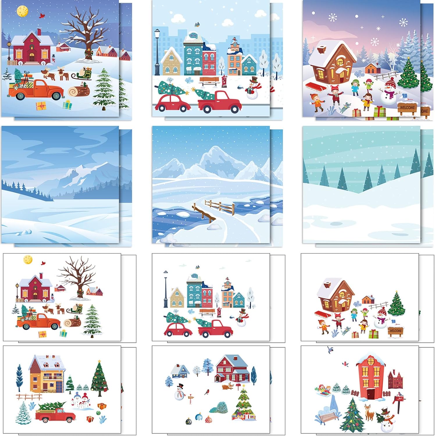 24 Pcs Winter Sticker Scene Craft for Kids Make Your Own Stickers with Snow Scene Cardboards with Snowman Christmas Tree Gingerbread House Elk for DIY Winter Christmas Party Decoration