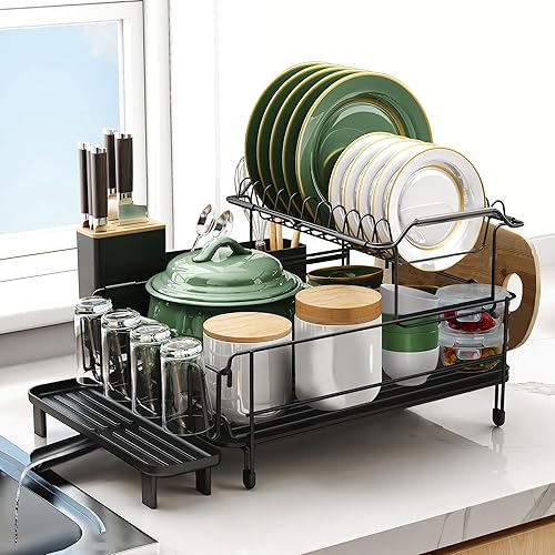 Runnatal Escurridor de Platos Grande con Conjunto de Bandeja de Goteo, de Acero Inoxidable Desmontable 2 en 1, Gran Capacidad, 2 Niveles Sobre el