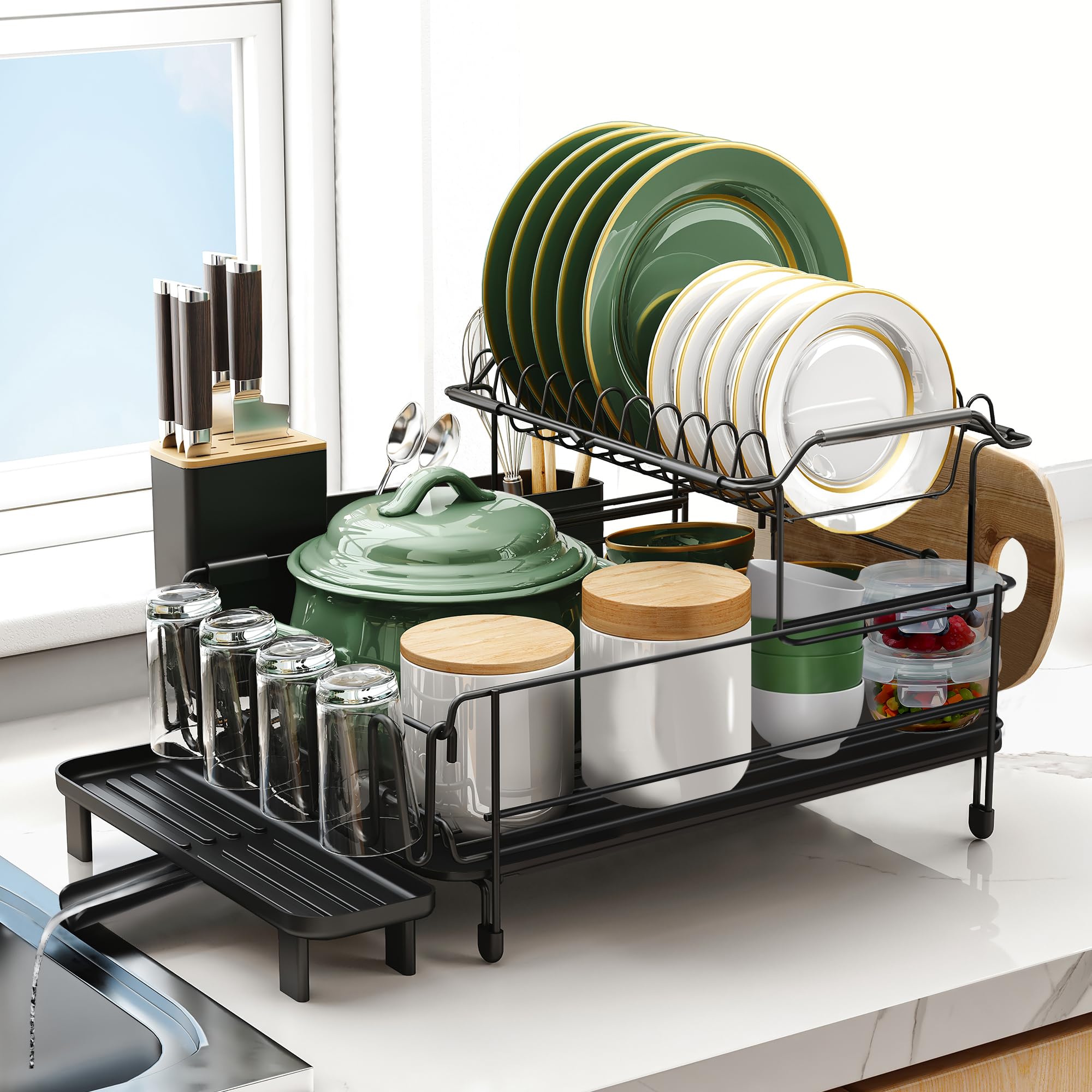 Runnatal Large 2-Tier Dish Drying Rack for Kitchen Counter, Black