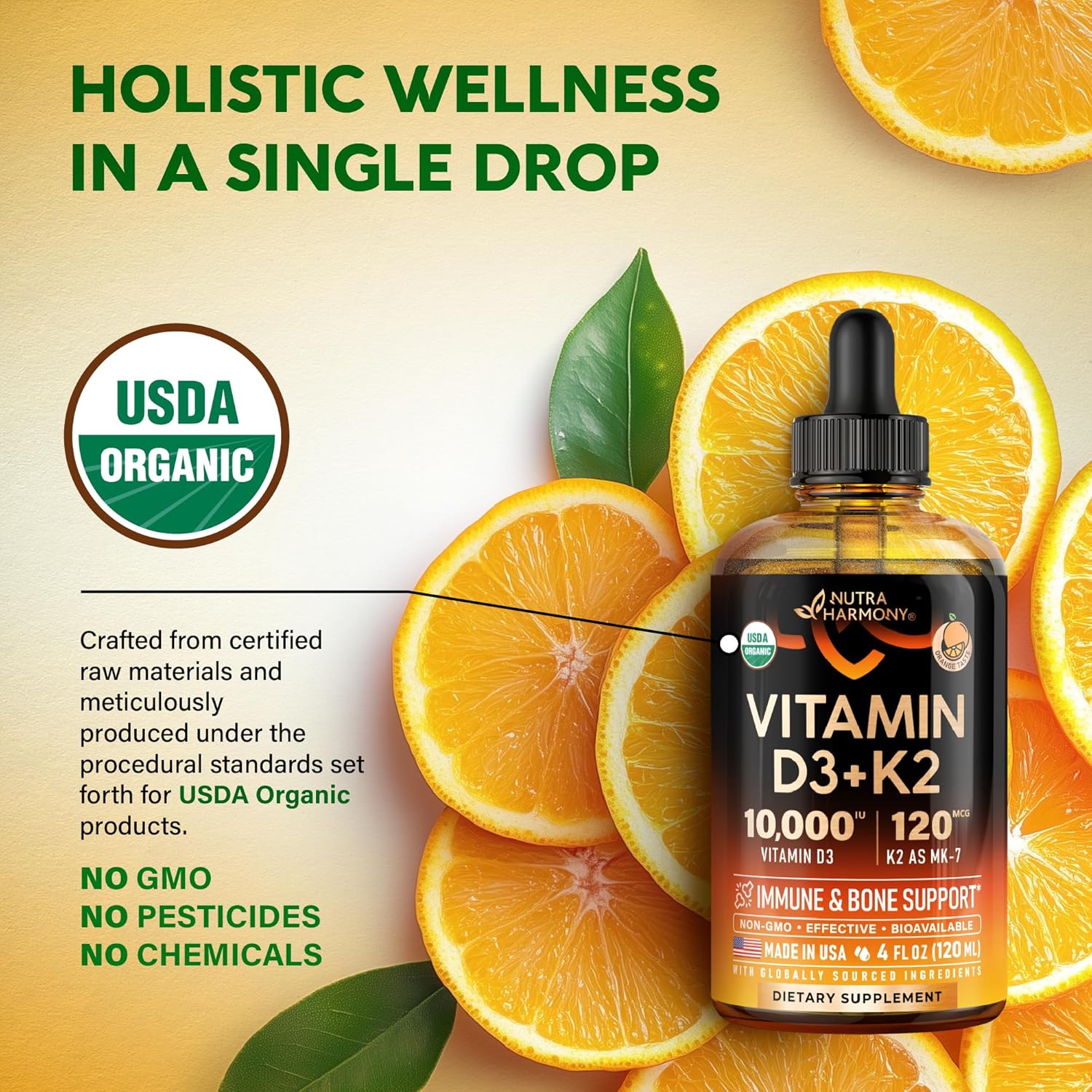 Vitamin D3 K2 USDA Organic Drops - Vitamin D3 10000 IU & K2 as MK-7 120mcg - Immune & Mood Support, Bone & Teeth Health - Sugar-Free Orange Flavor - Liquid Supplement - Made in USA - 4 FL OZ, 120 Days