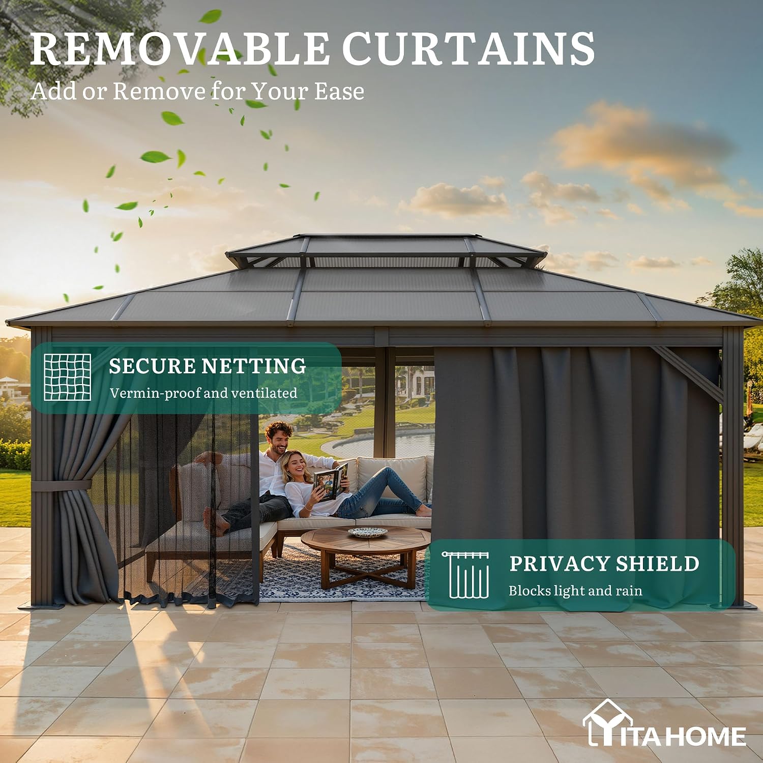 YITAHOME 12x16FT Polycarbonate Gazebo Double Roof Canopy Outdoor with Netting and Shaded Curtains, Aluminum Frame Polycarbonate Hardtop Garden Tent for Patio, Backyard, Deck and Lawns, Grey
