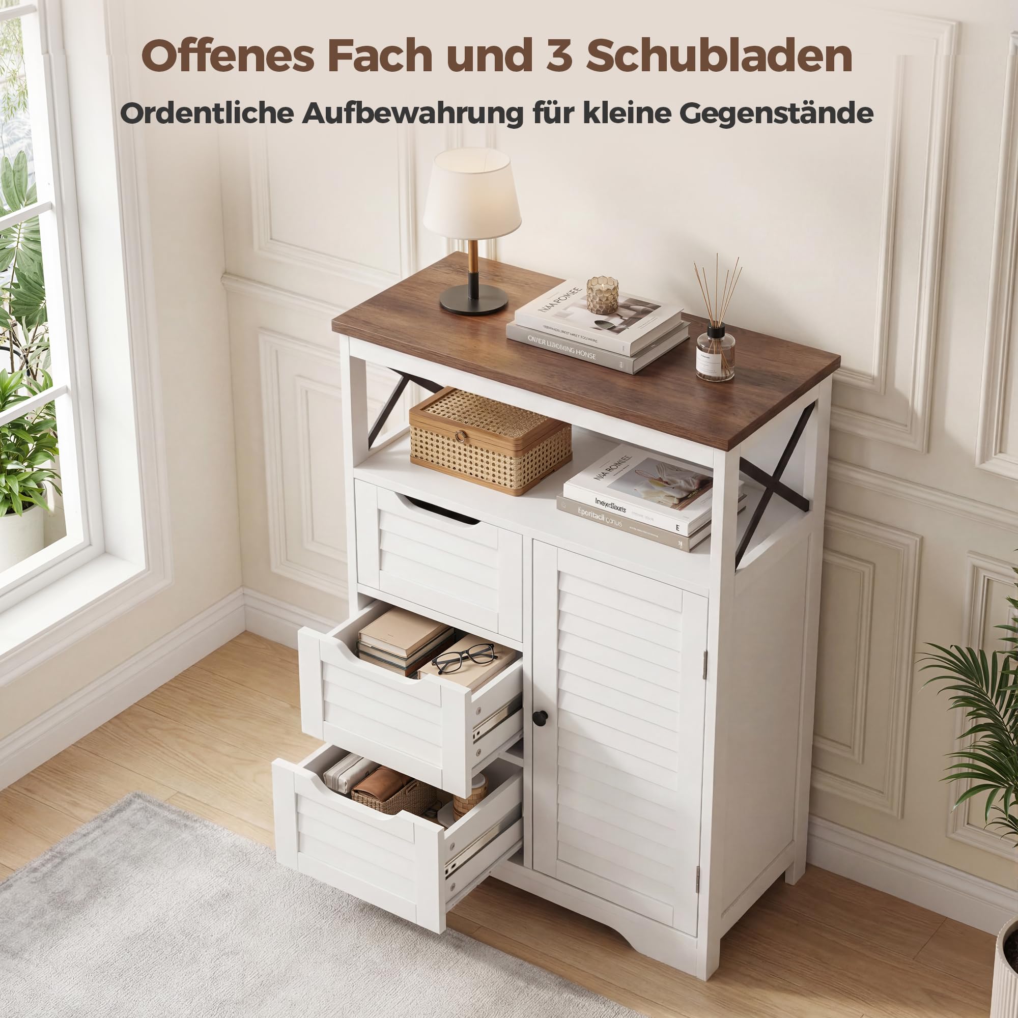 BonVache Küchenschrank mit 3 Schubladen, Jalousiestil, Aufbewahrungsschrank mit Offene Ablagefächer, Verstellbare Ablage, für Küche, Flur, Badezimmer, Wohnzimmer, 56 x 30 x 87cm, Weiß