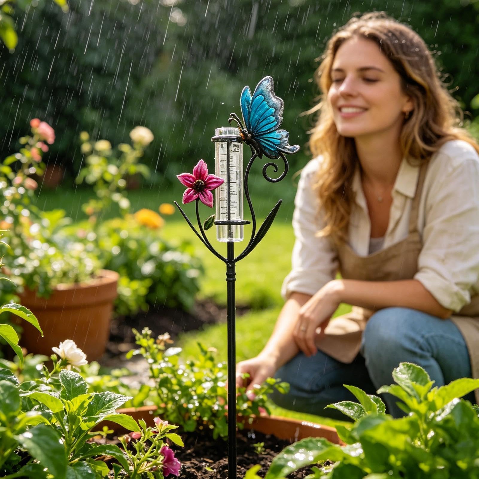Pluviometro da Esterno con Asta di Misurazione Design Farfalle e Fiori | Misuratore Acqua Piovana Per Prato, Cortile, Deck, Patio, Recinto, Fattoria, Giardino E Aree Ester