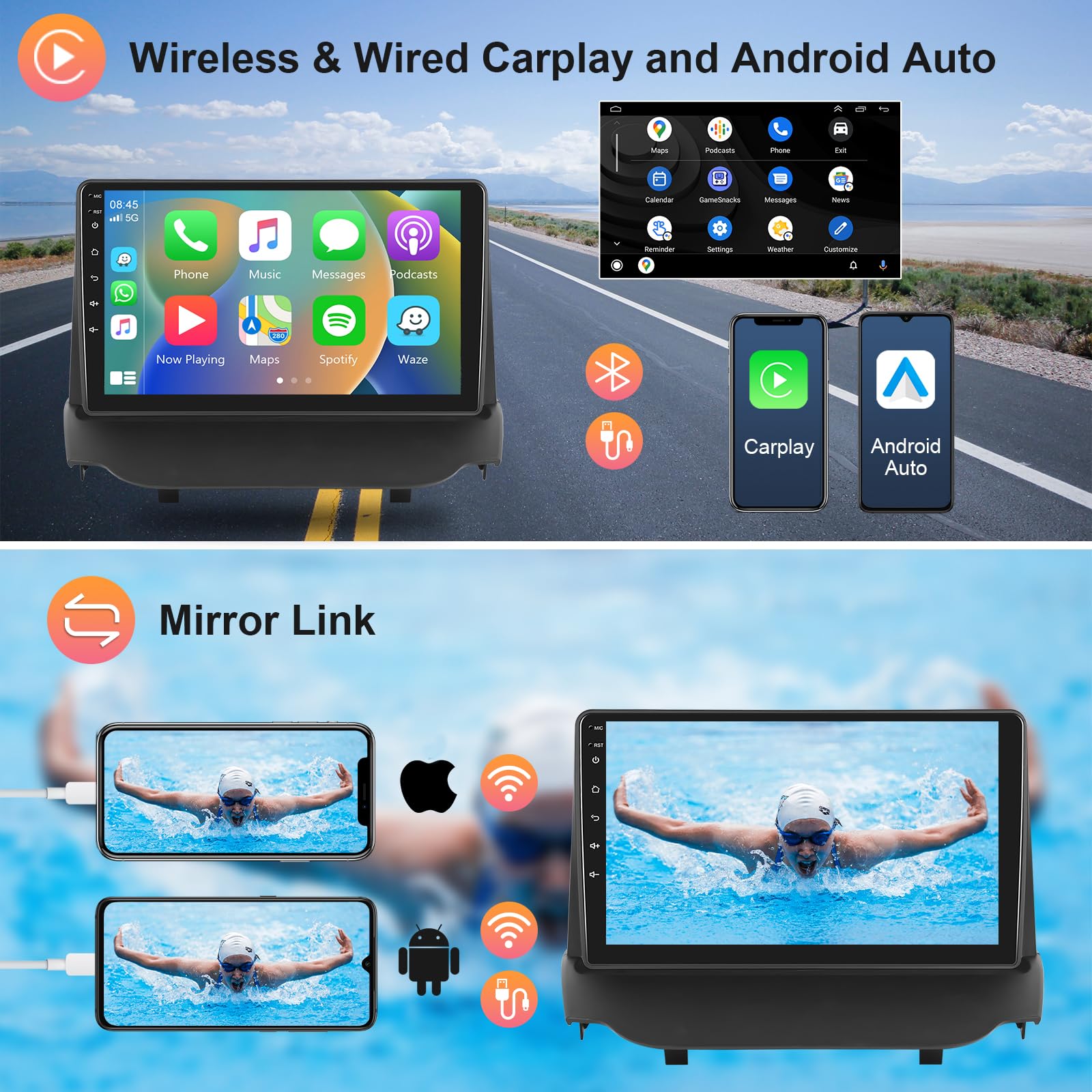 Hodozzy 2G 64G Android Autoradio per Ford Ecosport 2013-2017 Radio Wireless Carplay Android Auto, 9 Pollici Touch Screen, Navi GPS WiFi Bluetooth FM RDS con Retrocamera 2 Din Radio per Ford Ecosport