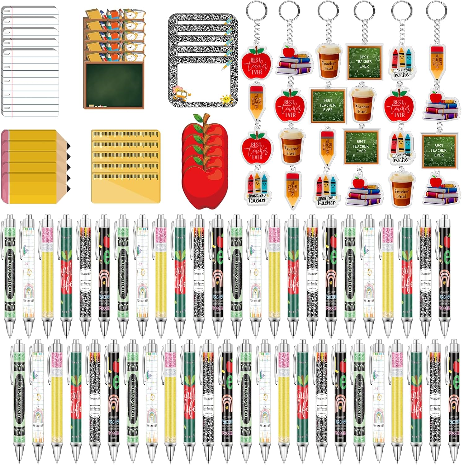 30 Set/90 Pcs Teacher Appreciation Gifts Bulk Include 30 Inspirational Sticky Notes 30 Teaching Keychains 30 Teacher Appreciation Pens for School Classroom Teaching Day Graduation End of Year Gifts