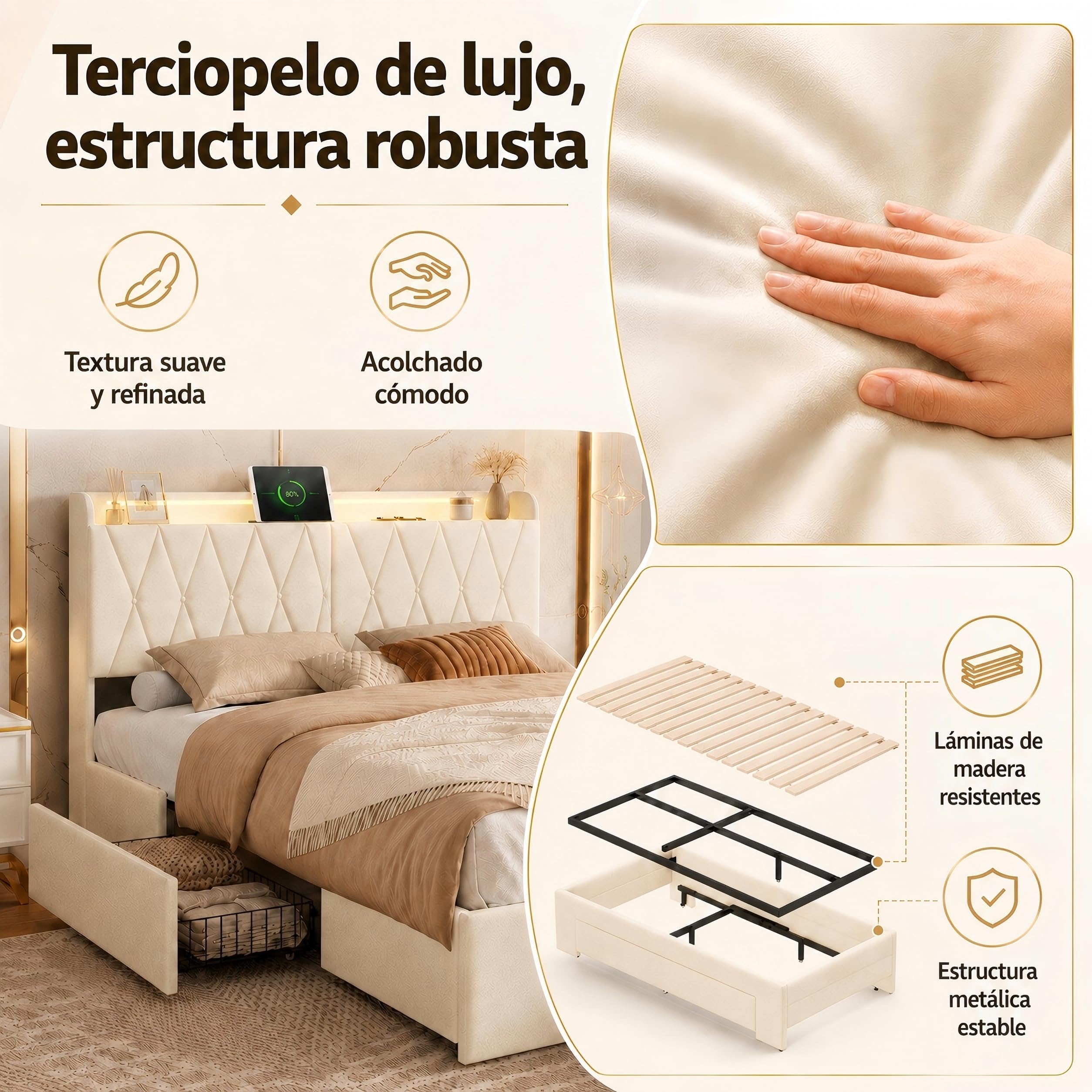 MOTUZP Cama doble tapizada de 140 x 200 cm, cama funcional con luz LED y conexión USB, cajón de cama con cajones, cama juvenil, somier (B-Bbeige+terciopelo, 140 x 200 cm)