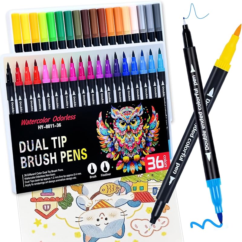 Juego de marcadores artísticos de doble punta fina y pincel de 36 colores para colorear niños adultos, marcadores de bolígrafos de doble punta de secado rápido sin decoloración , marcador a base de agua para pintura,caligrafía, diario de garabatos
