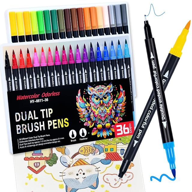 36 Colors Brush Fine Dual Tip Art Markers Set for Adult Kids Coloring Dual Tip Colored Pens Markers