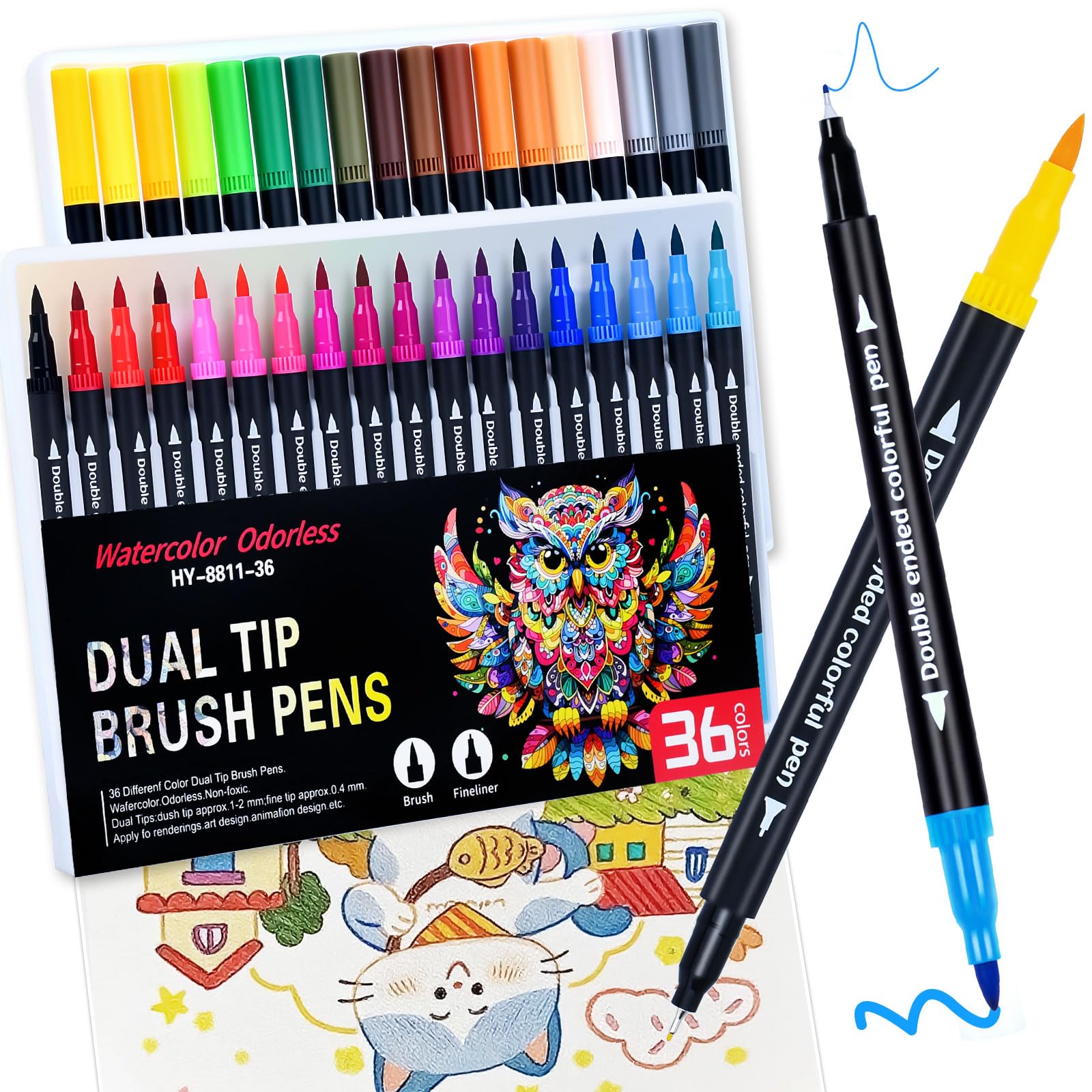 36 Colors Brush Fine Dual Tip Art Markers Set for Adult Kids Coloring Dual Tip Colored Pens Markers