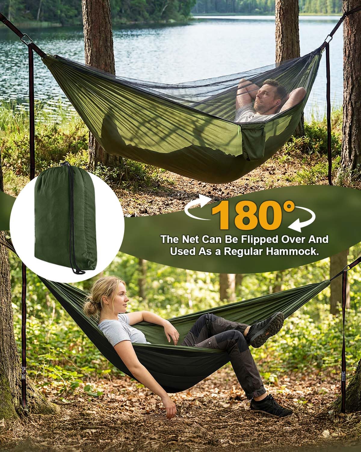 Amaca da campeggio 290 x 140 cm con zanzariera, ultra leggera e resistente, in nylon da 210T, da viaggio, con cinghie per alberi, facile da installare, amaca da campeggio per esterni