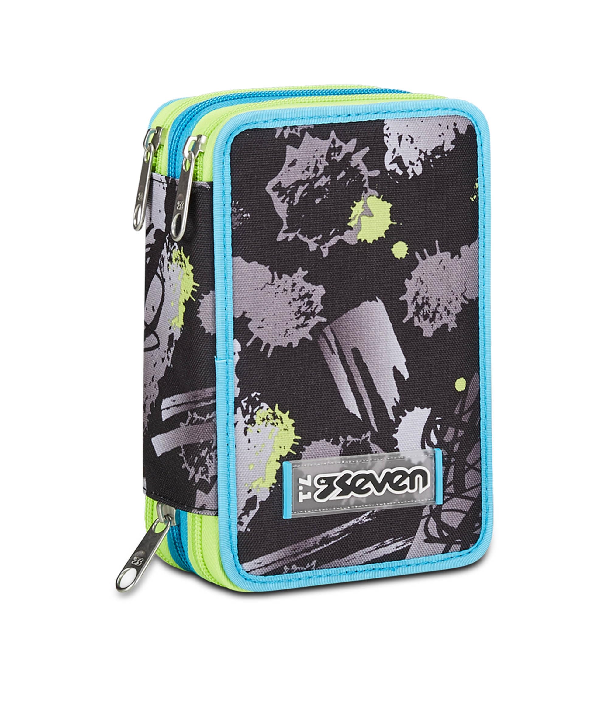 SEVEN Estuche escolar con 3 cremalleras, negro, azul y amarillo, Feeling Me, portalápices triple compartimento completo con bolígrafos, lápices, colores, accesorios mochila, elementales, medianos,
