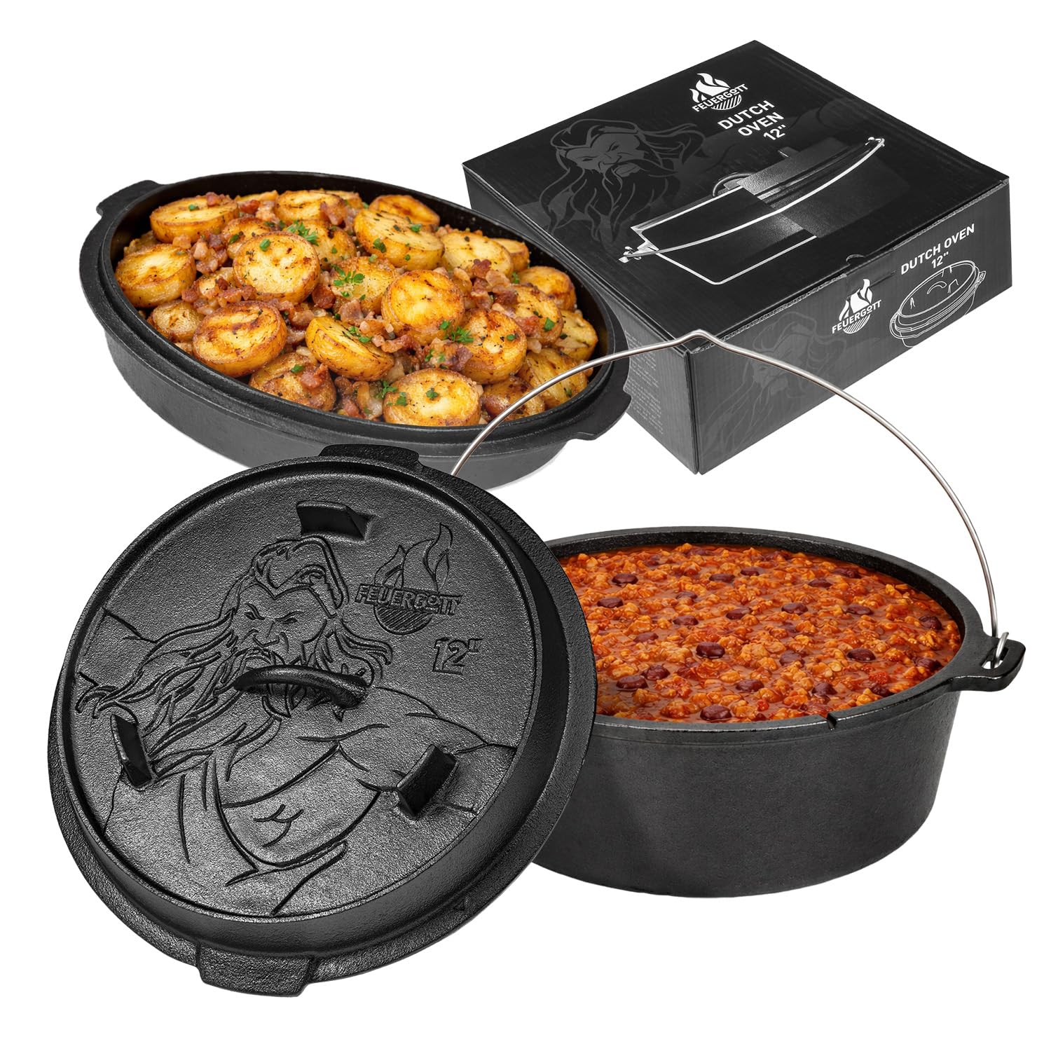 Dutch Oven 6L ohne Füße – Gusseisen Topf für Brot, Braten, Backofen, Herd, Induktion, Schmortopf für Familienküche, BBQ, Auflauf, große Portionen, Kochen, Grill, Bräter, rustikal, schwarz