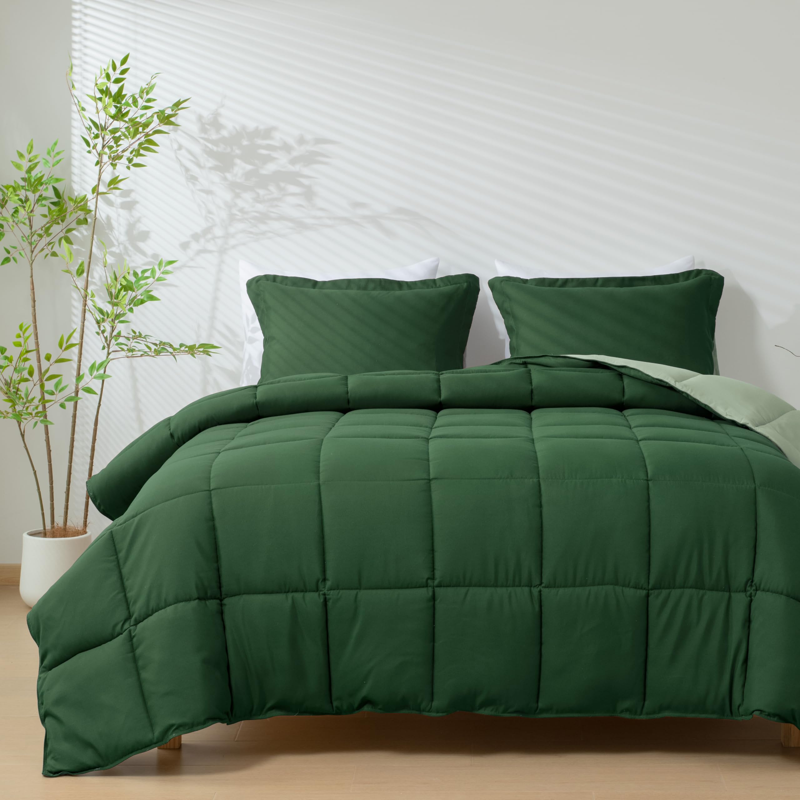HIG 3pc Green King Size Comforter Set - All Season Reversible Down Alternative Comforter with Two Shams - Quilted Duvet Insert with Corner Tabs - Box Stitched Blanket - Breathable, Soft, Fluffy-image-18