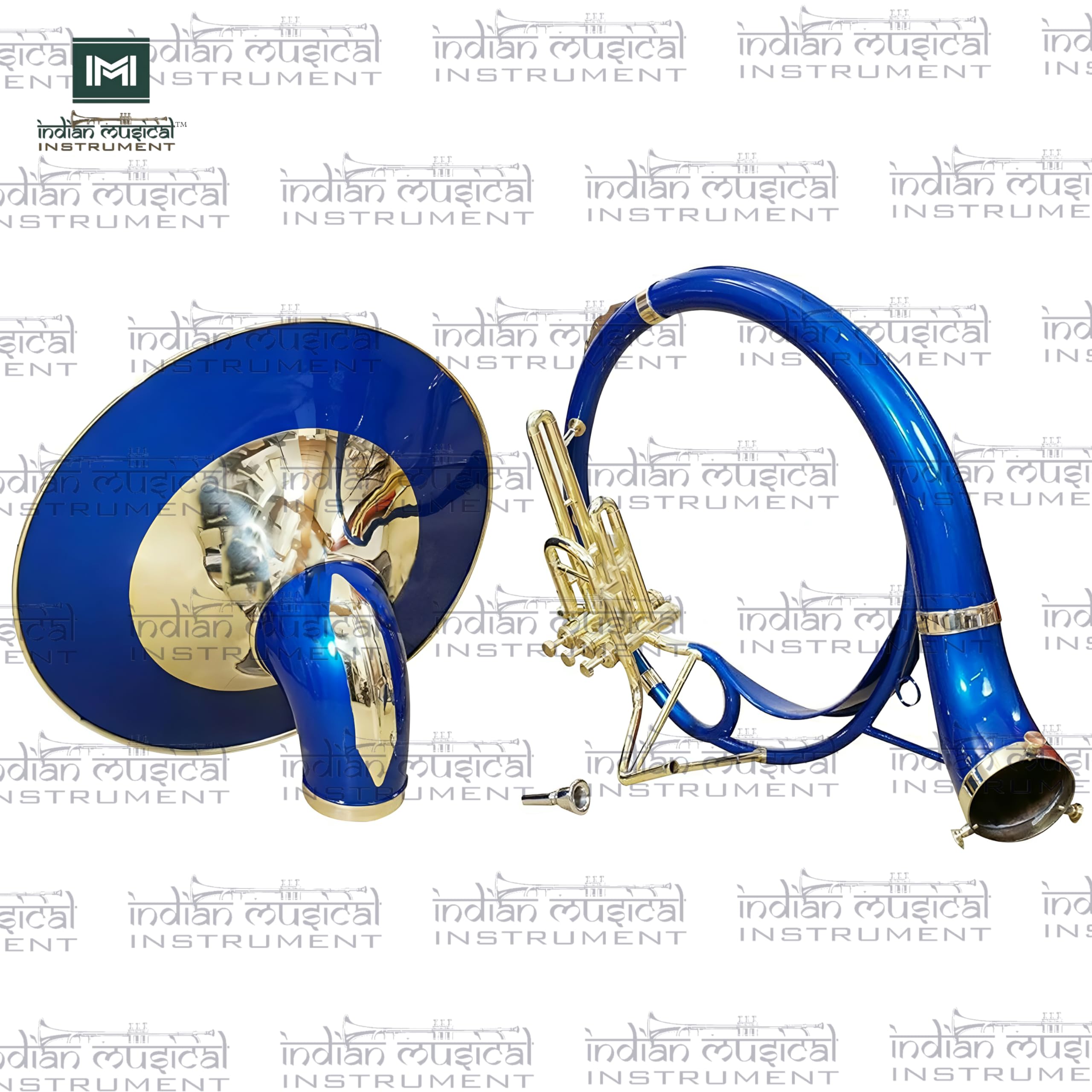 Indisches Musikinstrument 55,9 cm King Size handgefertigt Messing Sousaphon Big Bell Tuba mit Mundstück und Gigbag (Blau / Goldfarben)